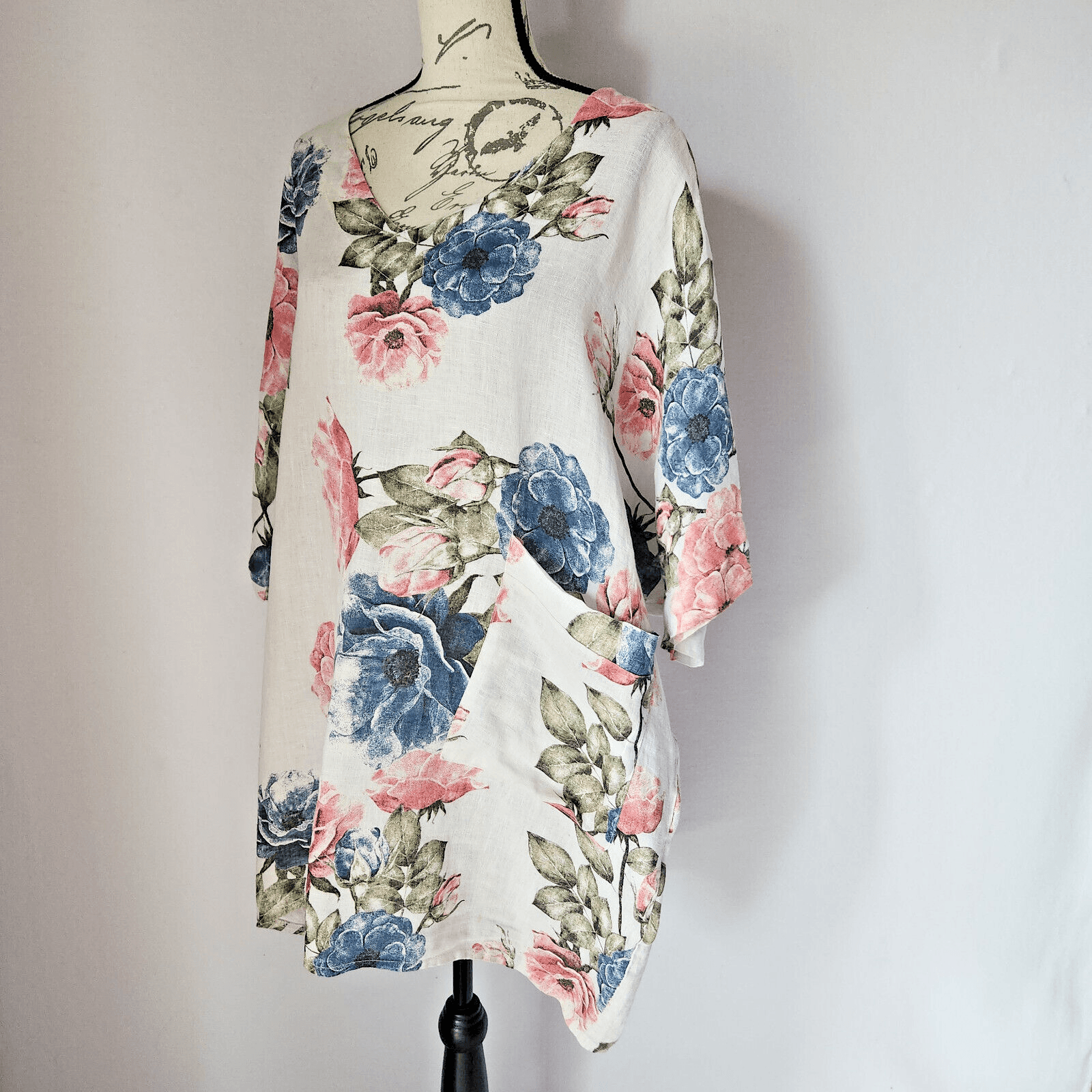 Made in Italy 100%Linen Floral Lagenlook Tunic Mini Dress Pocket V-Neck One Size - Thumbnail 2