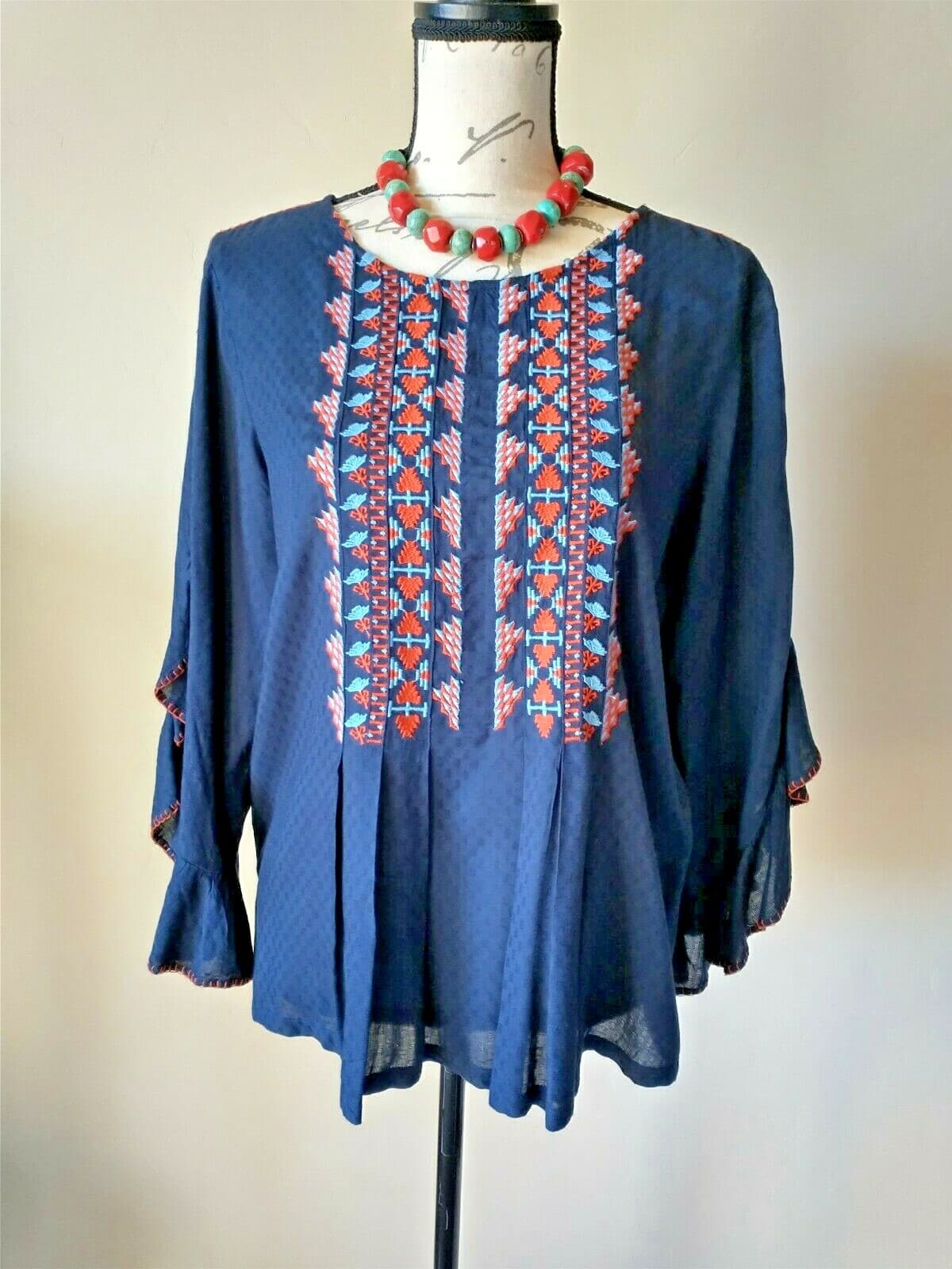 SUNDANCE Boho Embroidered Top 3/4 Ruffle Sleeve Scoop Neck Blue Red Chest 40 in.