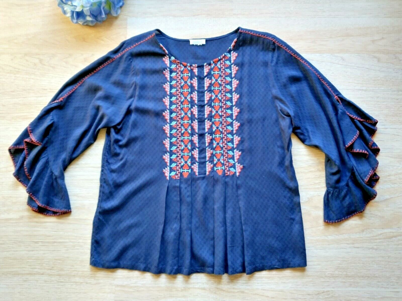 SUNDANCE Boho Embroidered Top 3/4 Ruffle Sleeve Scoop Neck Blue Red Chest 40 in. - Thumbnail 4