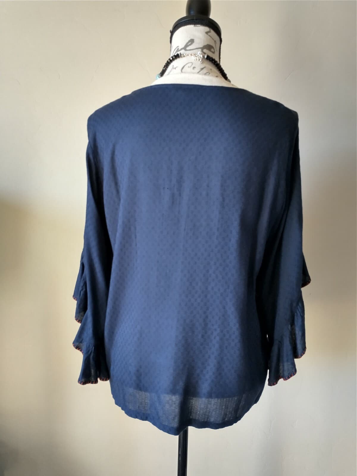 SUNDANCE Boho Embroidered Top 3/4 Ruffle Sleeve Scoop Neck Blue Red Chest 40 in. - Thumbnail 3