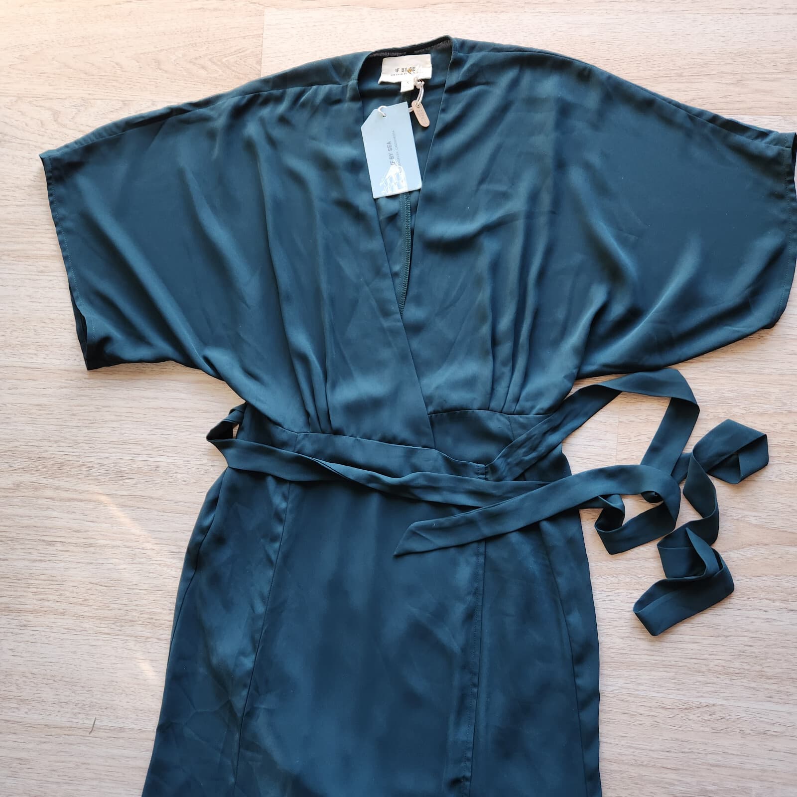 NWT IF BY SEA Chiffon Maxi Warp Dress Drop Shoulder Short Sleeve Green Women's S - Thumbnail 6