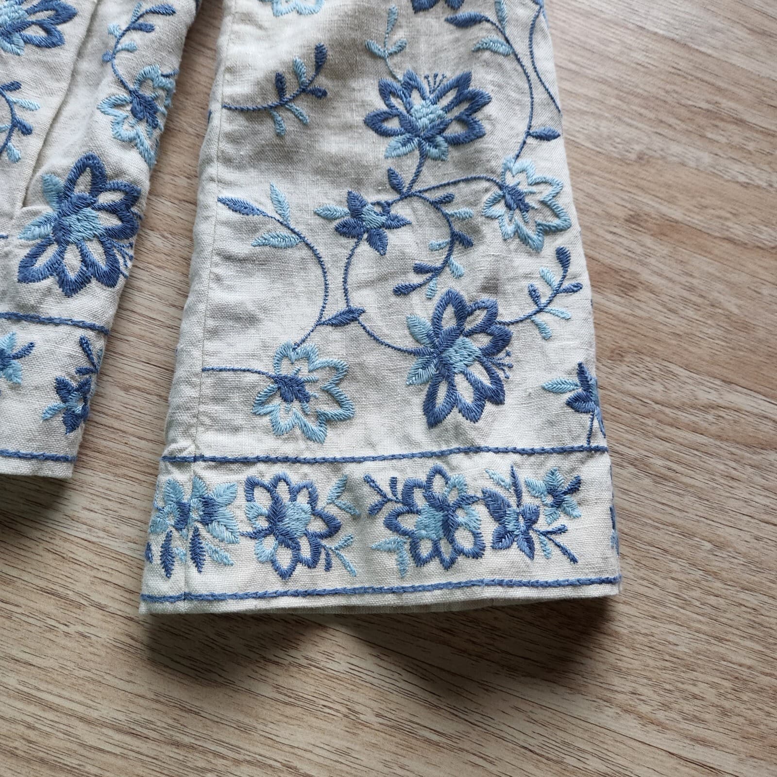 Vintage J.Jill Floral Embroidered 100% Linen 1-Button Blazer Blue-Ivory Women S - Thumbnail 6