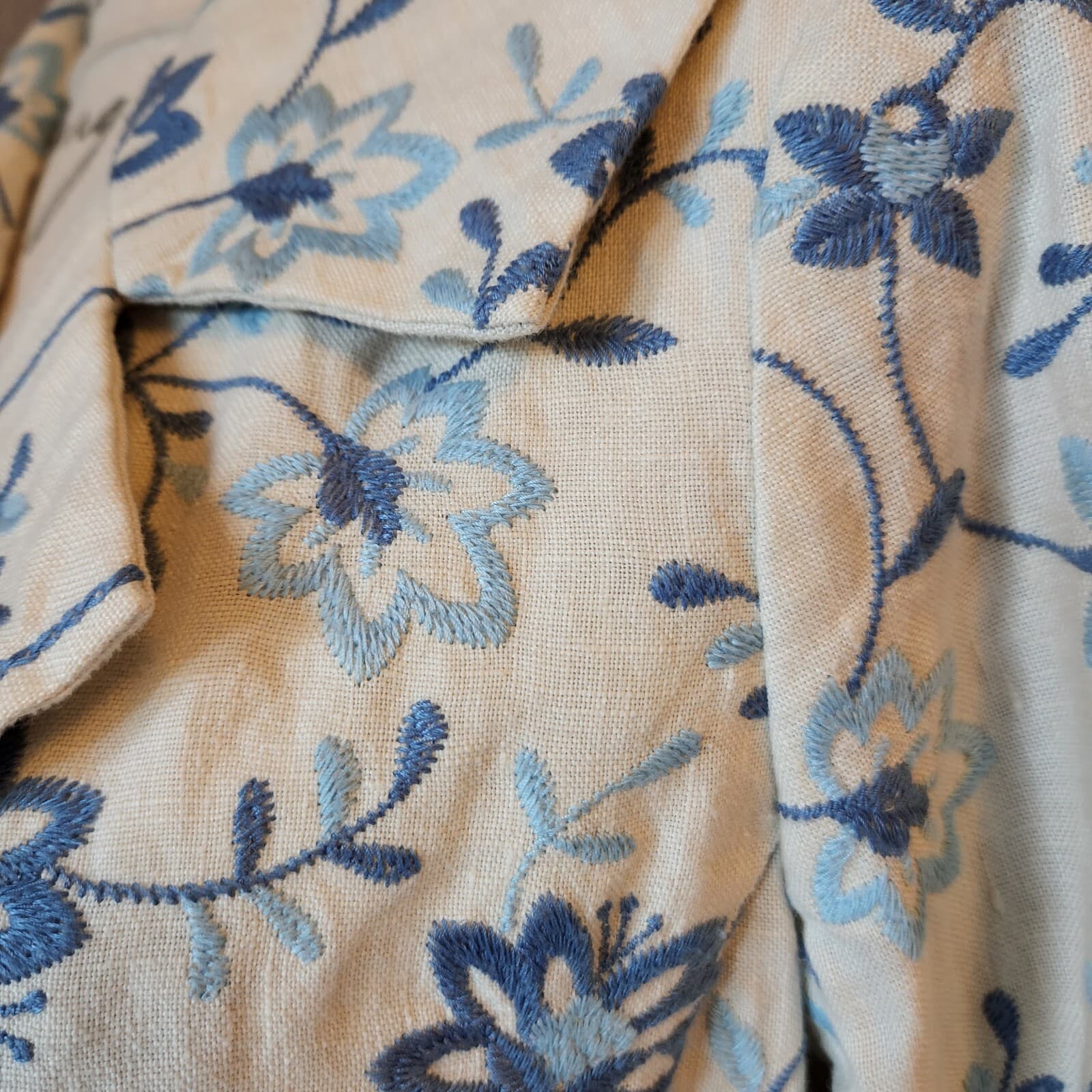 Vintage J.Jill Floral Embroidered 100% Linen 1-Button Blazer Blue-Ivory Women S - Thumbnail 3