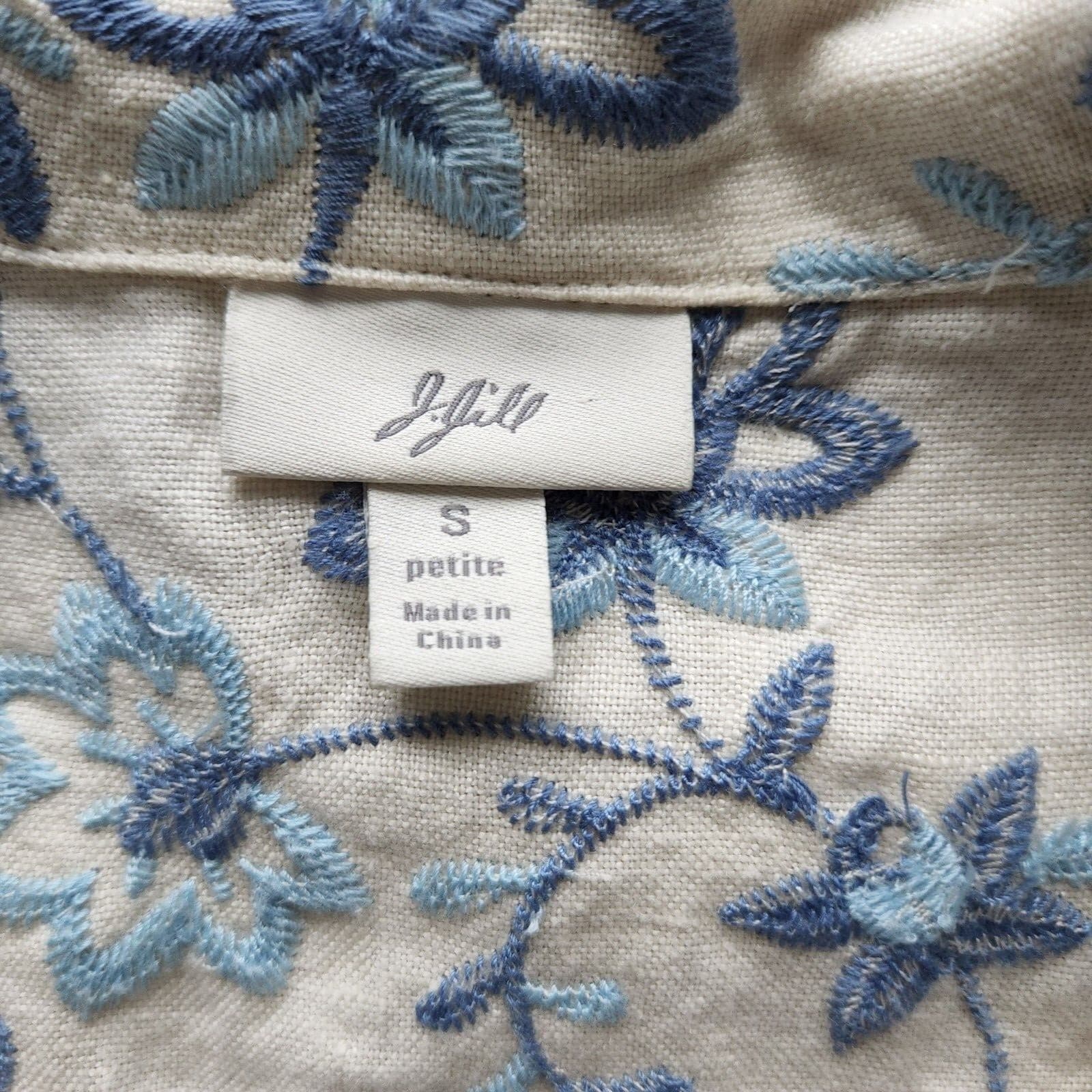Vintage J.Jill Floral Embroidered 100% Linen 1-Button Blazer Blue-Ivory Women S - Thumbnail 7