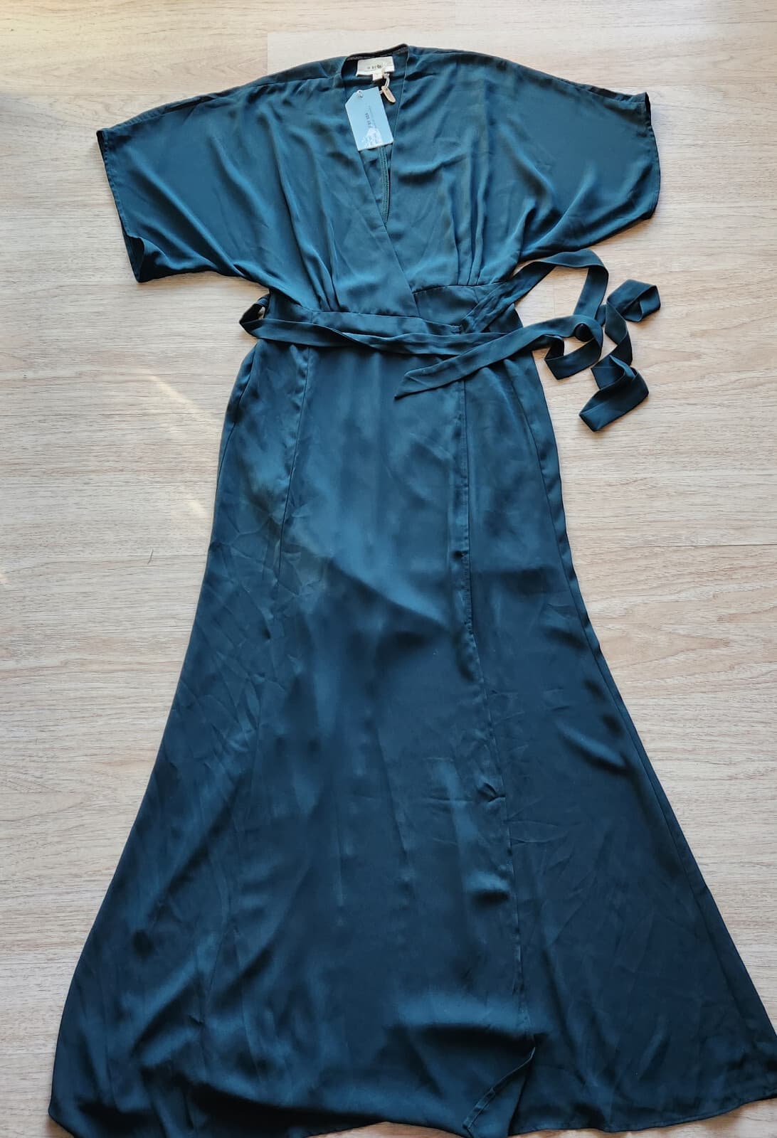 NWT IF BY SEA Chiffon Maxi Warp Dress Drop Shoulder Short Sleeve Green Women's S - Thumbnail 5