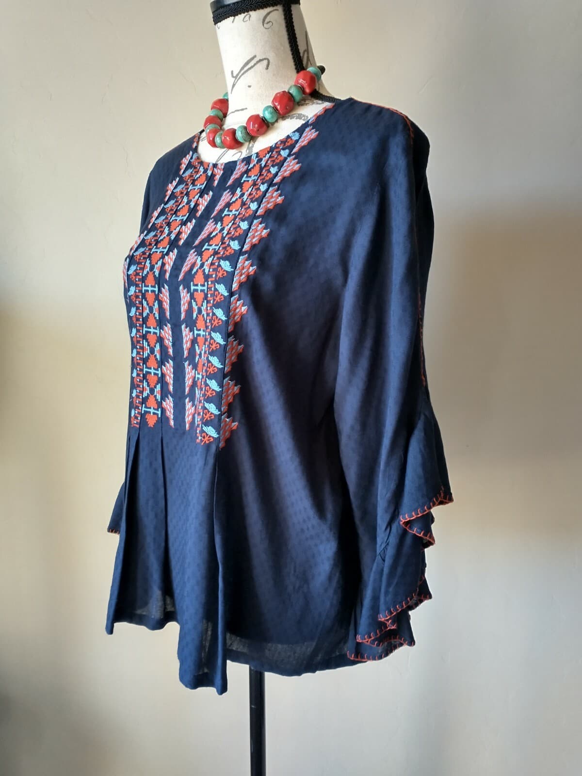 SUNDANCE Boho Embroidered Top 3/4 Ruffle Sleeve Scoop Neck Blue Red Chest 40 in. - Thumbnail 2