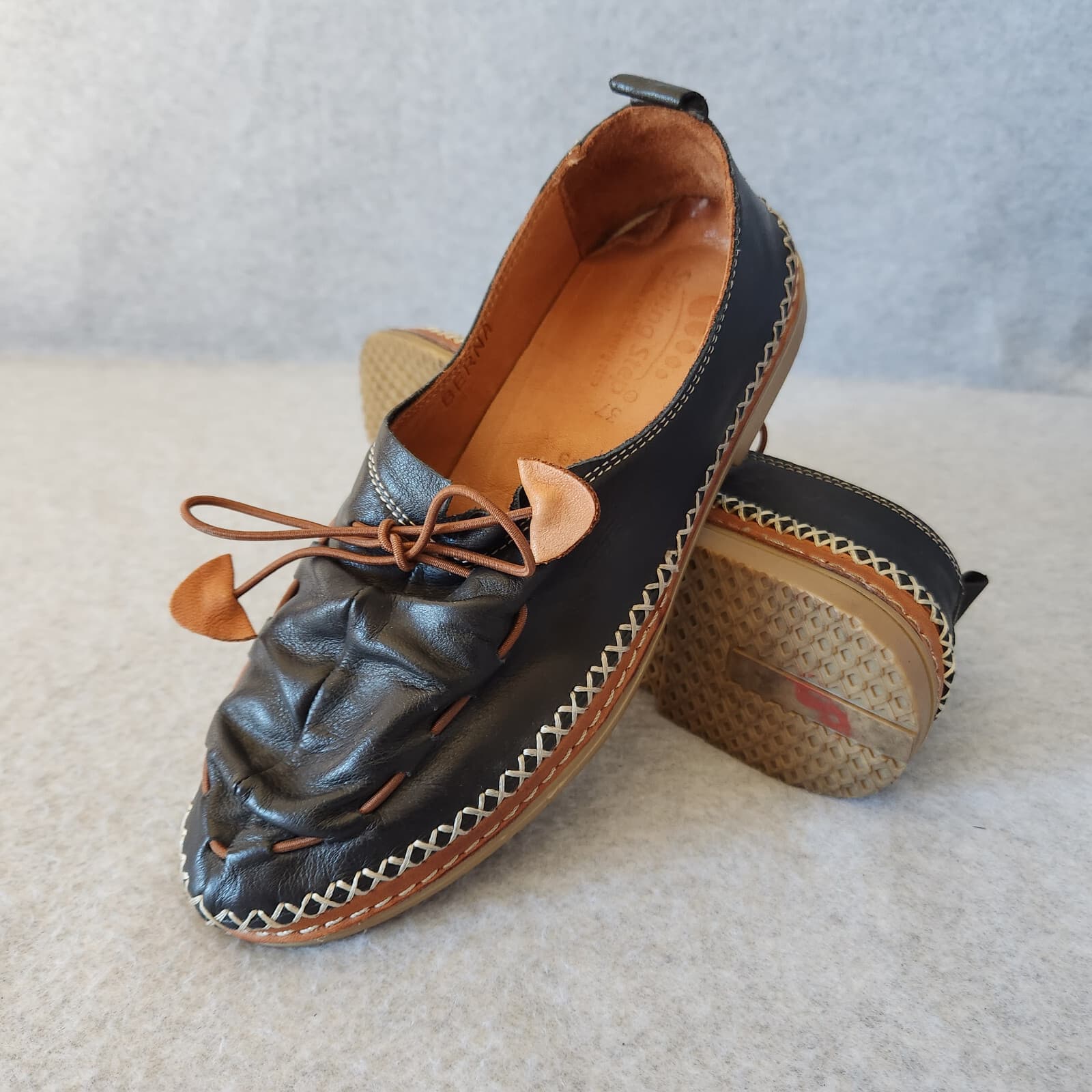 Spring Step Berna Elastic Vamp-Tie Leather Loafers Flexible Black Women EU37 - Thumbnail 2