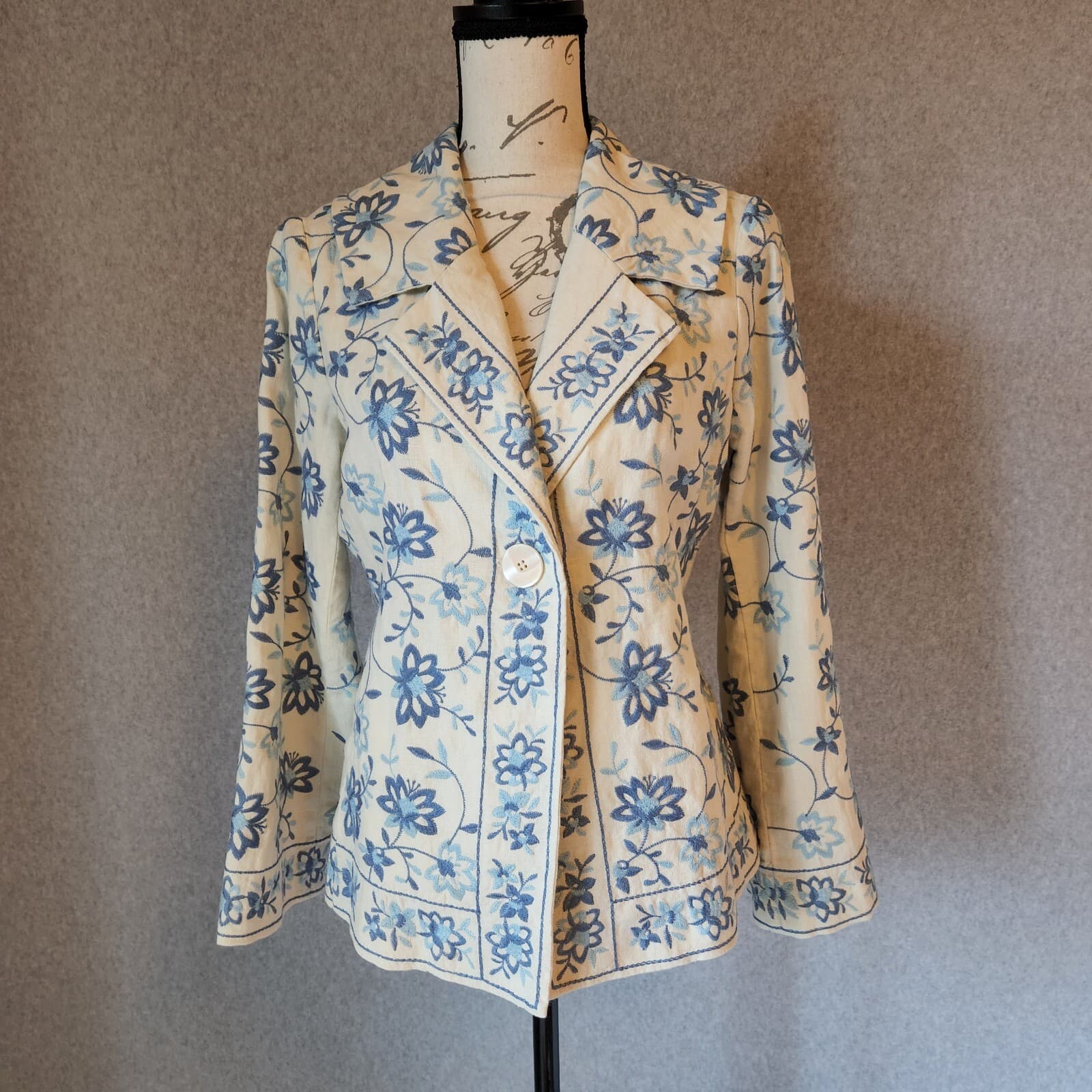 Vintage J.Jill Floral Embroidered 100% Linen 1-Button Blazer Blue-Ivory Women S - Thumbnail 2