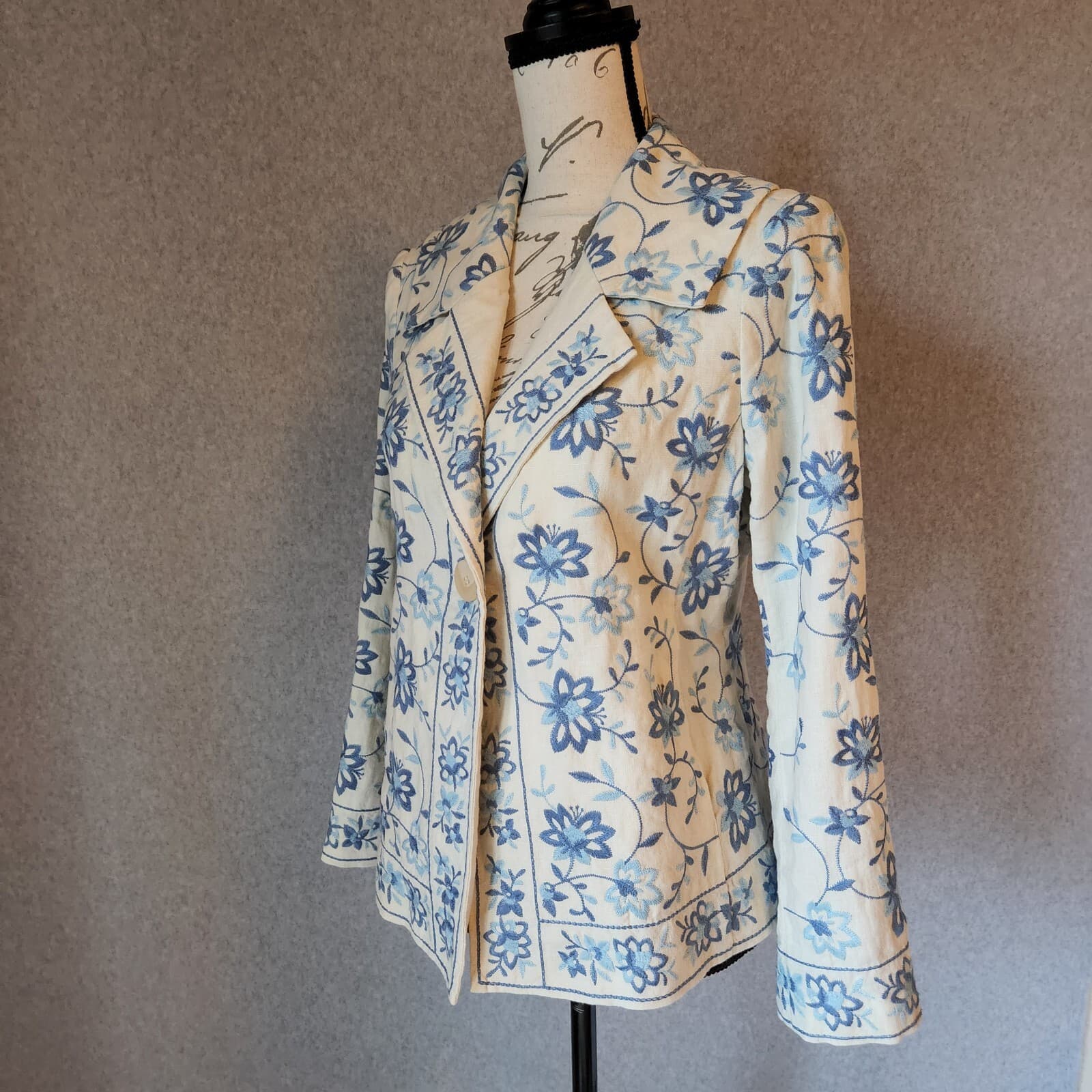 Vintage J.Jill Floral Embroidered 100% Linen 1-Button Blazer Blue-Ivory Women S - Thumbnail 4