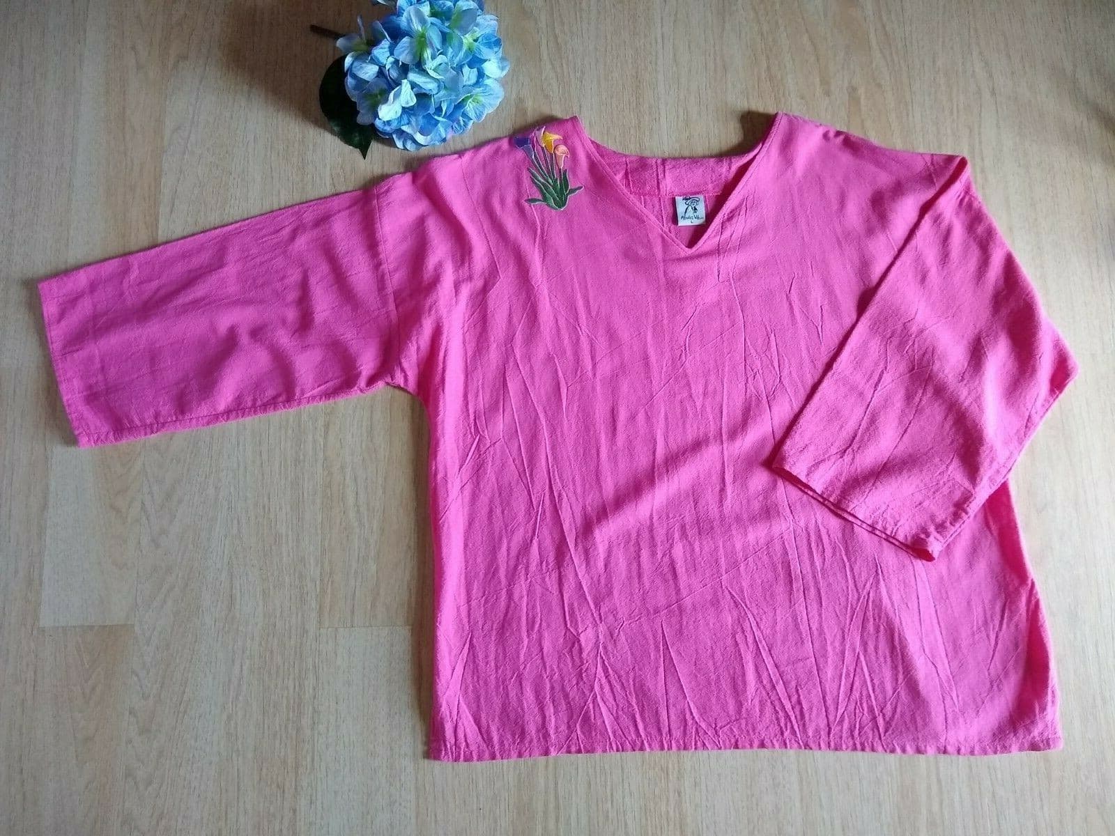 Alfredo's Wife 100% Cotton Floral Embroidered Tunic Top Long Sleeves Pink Sz.L - Thumbnail 4