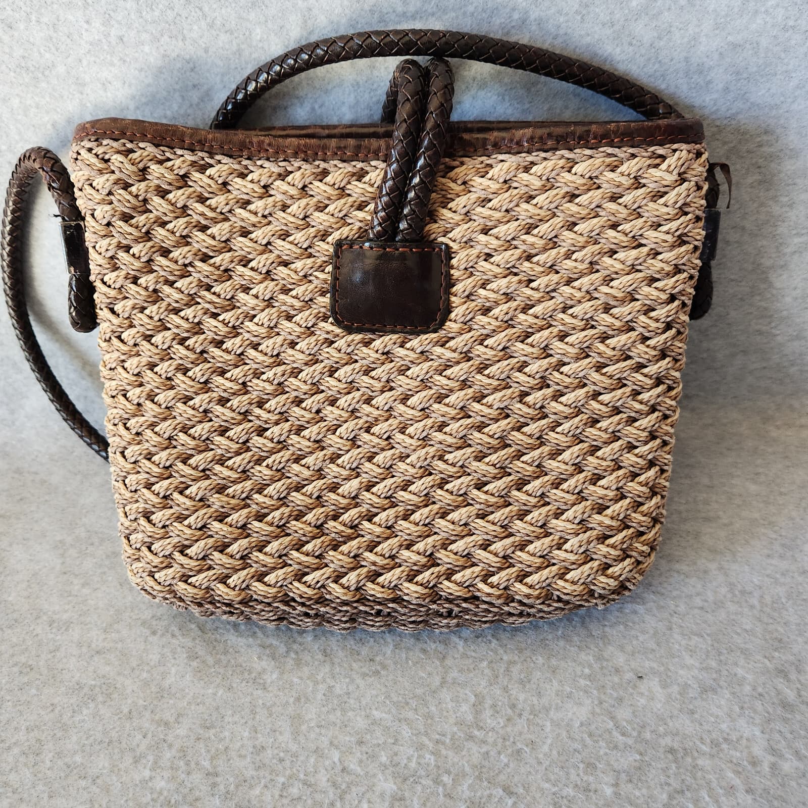 Vintage Brighton Natural Woven Jute Twine Brown Leather Braid Strap Shoulder Bag - Thumbnail 3