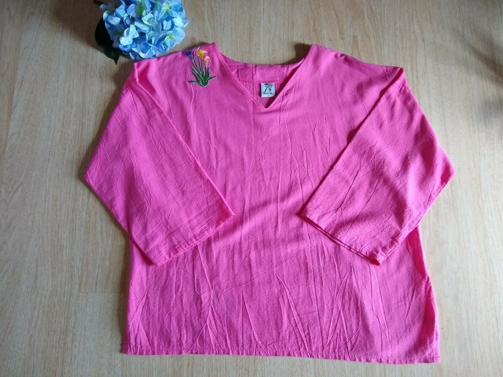 Alfredo's Wife 100% Cotton Floral Embroidered Tunic Top Long Sleeves Pink Sz.L - Thumbnail 5