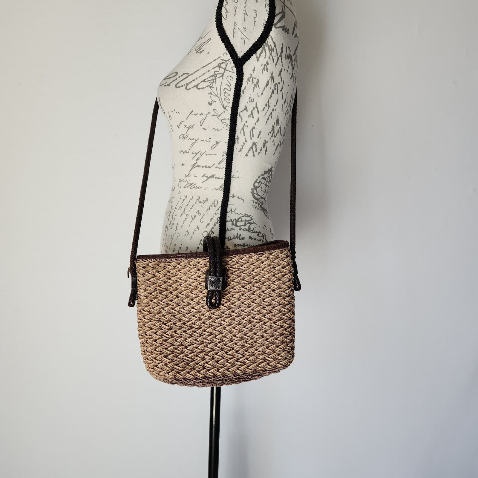 Vintage Brighton Natural Woven Jute Twine Brown Leather Braid Strap Shoulder Bag - Thumbnail 2