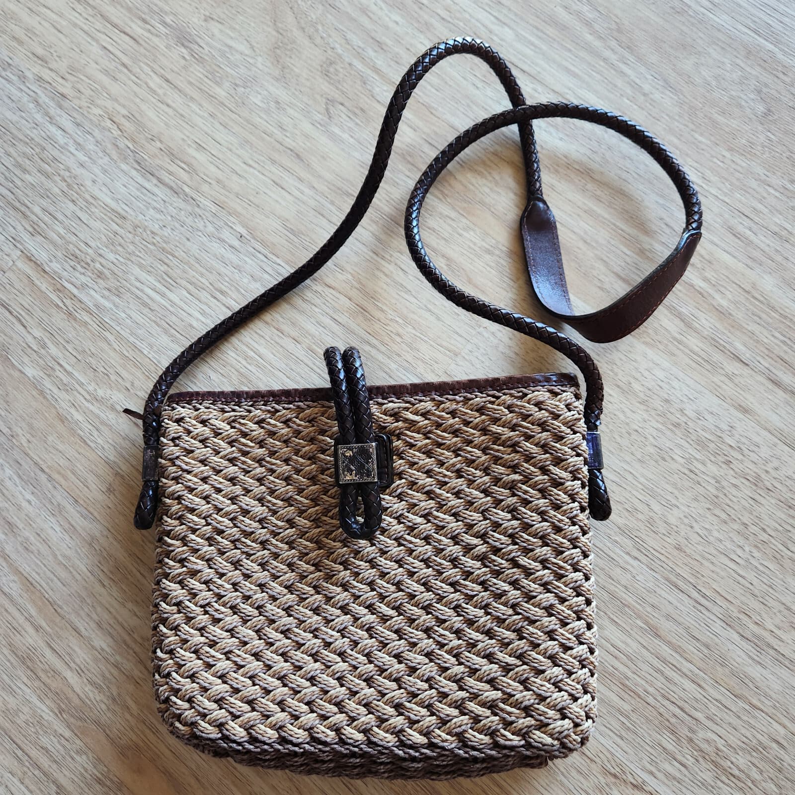 Vintage Brighton Natural Woven Jute Twine Brown Leather Braid Strap Shoulder Bag - Thumbnail 4