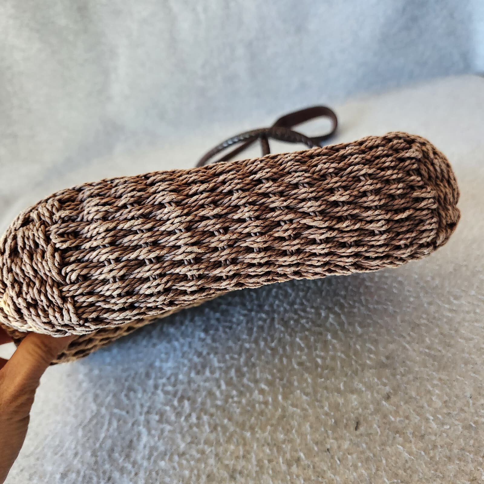 Vintage Brighton Natural Woven Jute Twine Brown Leather Braid Strap Shoulder Bag - Thumbnail 5