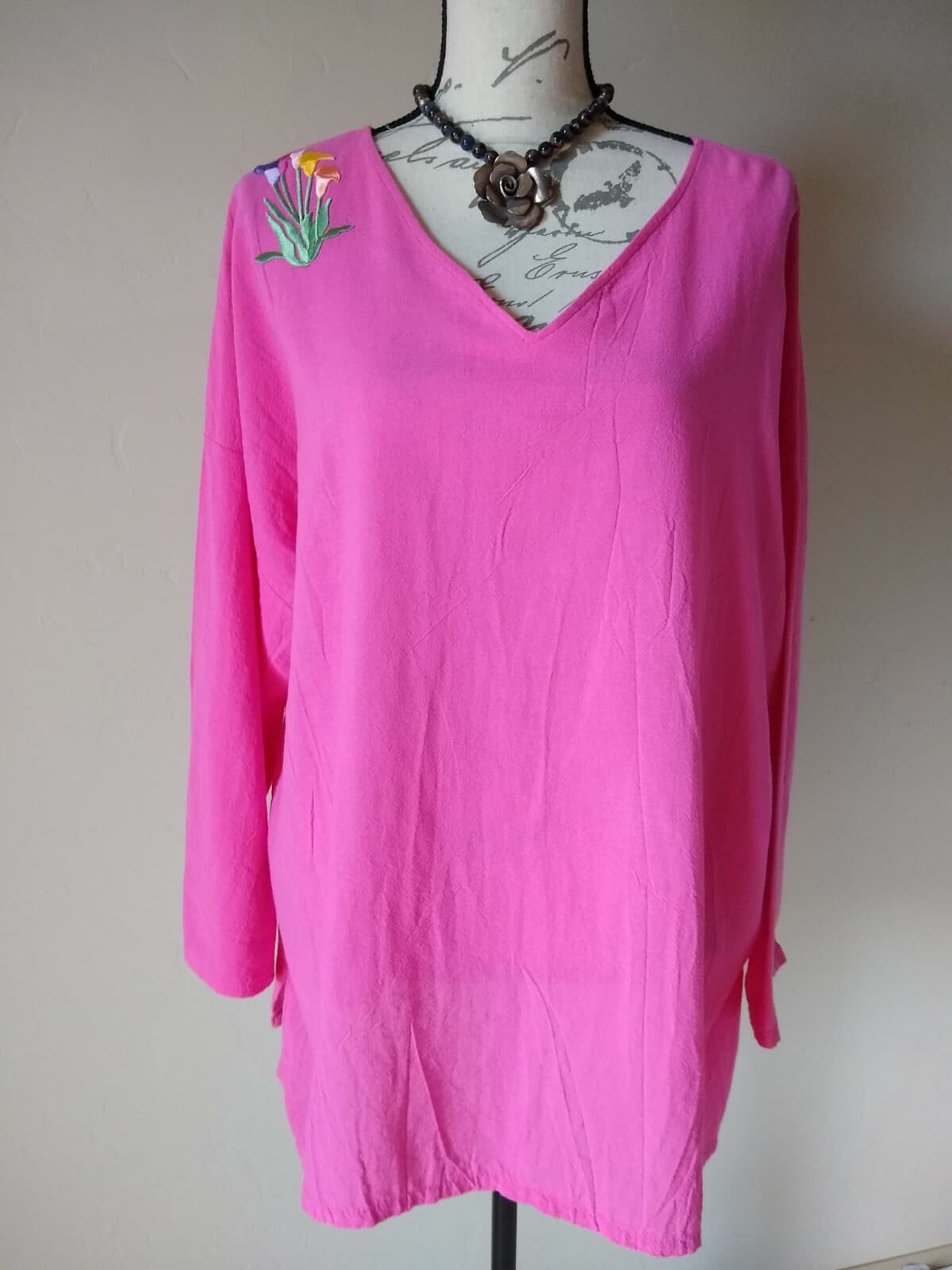 Alfredo's Wife 100% Cotton Floral Embroidered Tunic Top Long Sleeves Pink Sz.L - Thumbnail 3