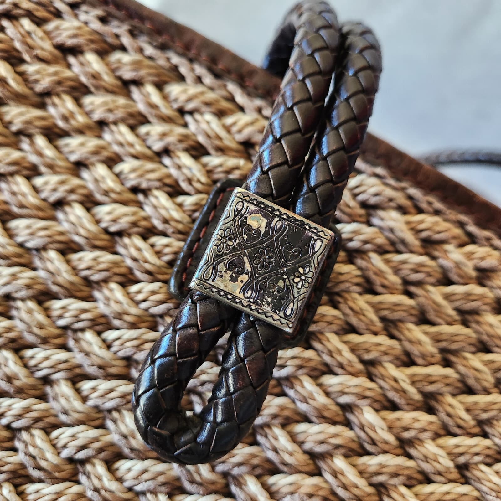 Vintage Brighton Natural Woven Jute Twine Brown Leather Braid Strap Shoulder Bag - Thumbnail 8