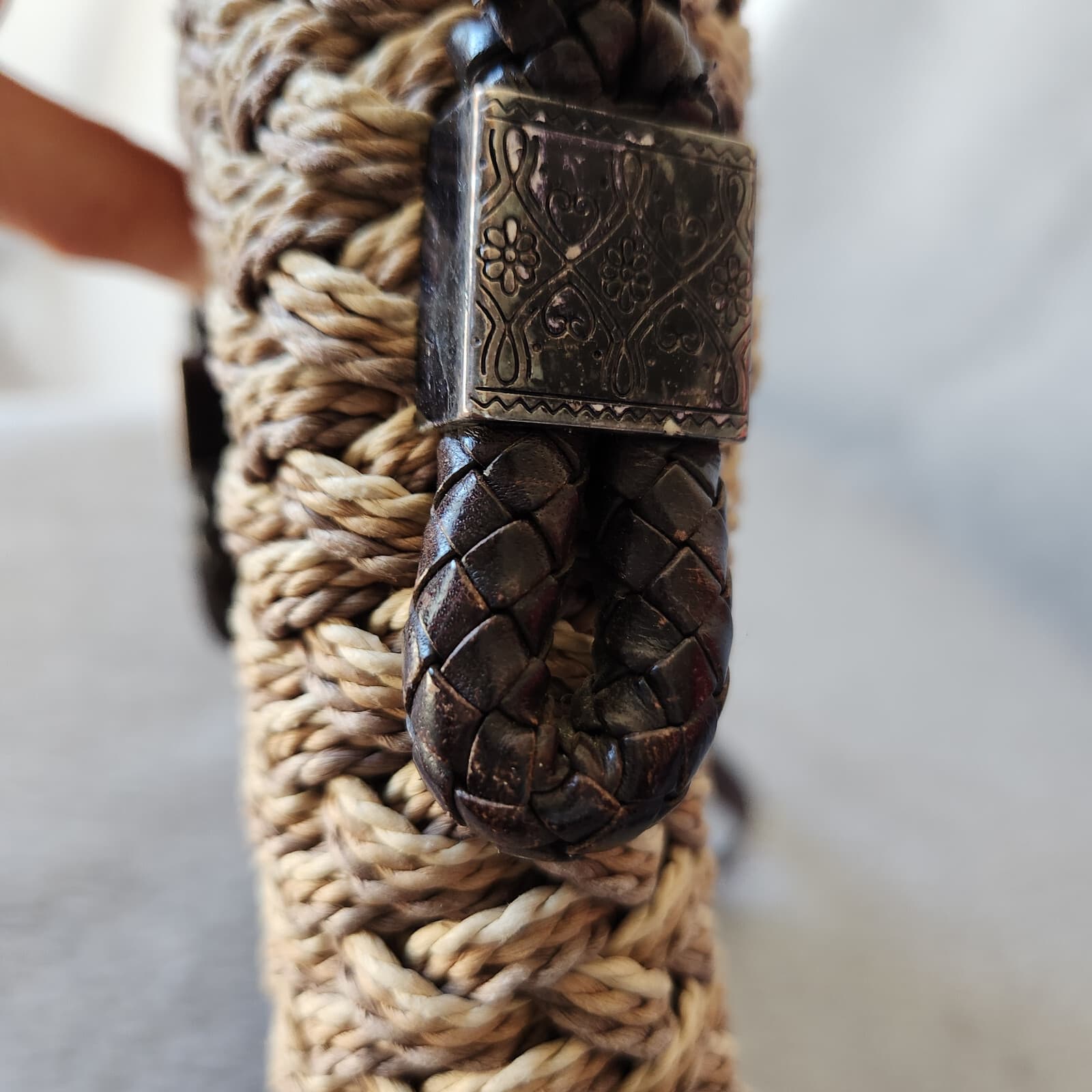 Vintage Brighton Natural Woven Jute Twine Brown Leather Braid Strap Shoulder Bag - Thumbnail 10