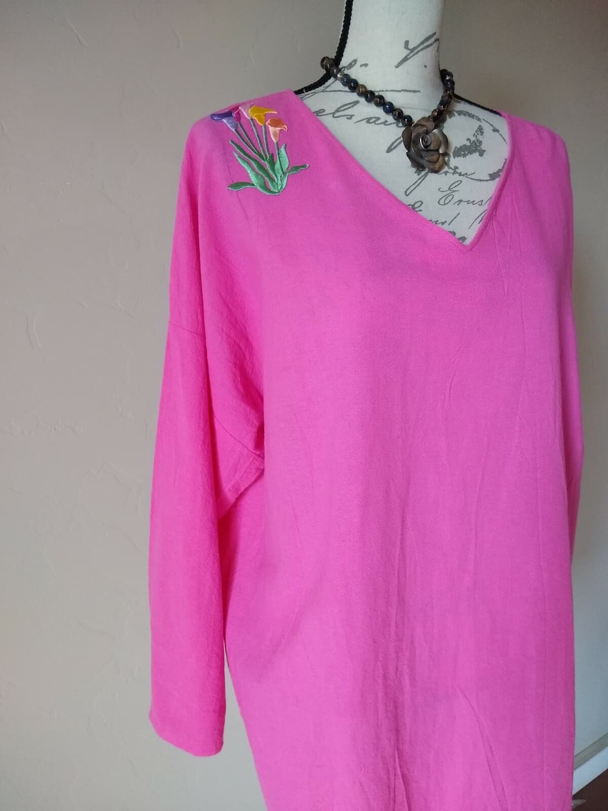 Alfredo's Wife 100% Cotton Floral Embroidered Tunic Top Long Sleeves Pink Sz.L - Thumbnail 2