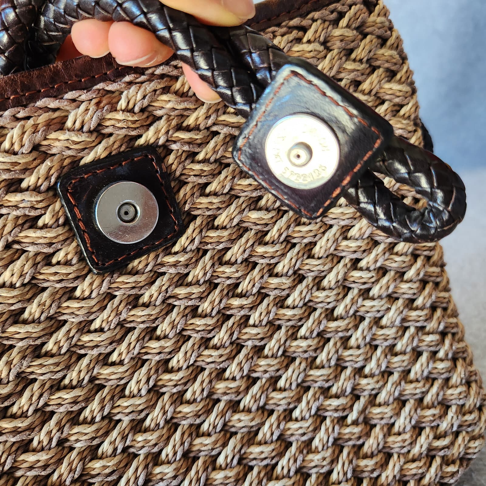 Vintage Brighton Natural Woven Jute Twine Brown Leather Braid Strap Shoulder Bag - Thumbnail 11