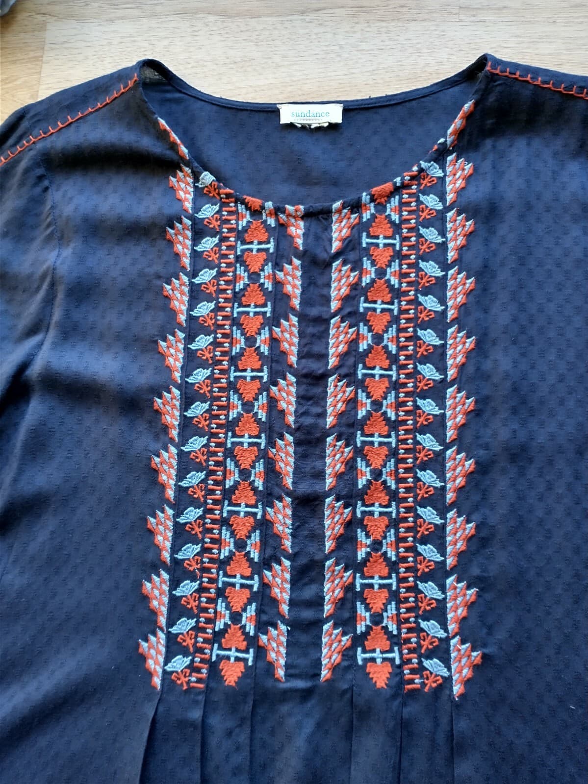 SUNDANCE Boho Embroidered Top 3/4 Ruffle Sleeve Scoop Neck Blue Red Chest 40 in. - Thumbnail 7