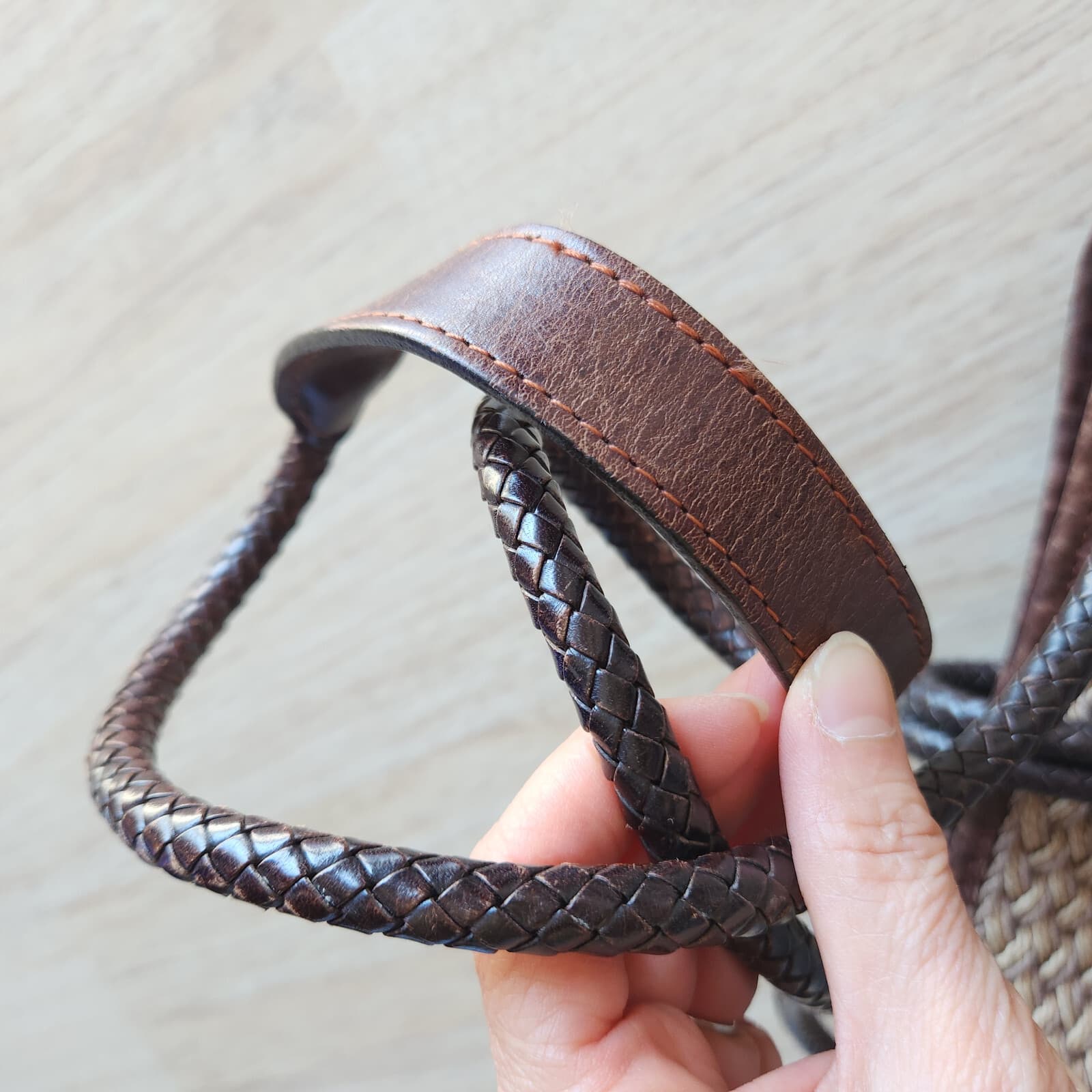 Vintage Brighton Natural Woven Jute Twine Brown Leather Braid Strap Shoulder Bag - Thumbnail 14