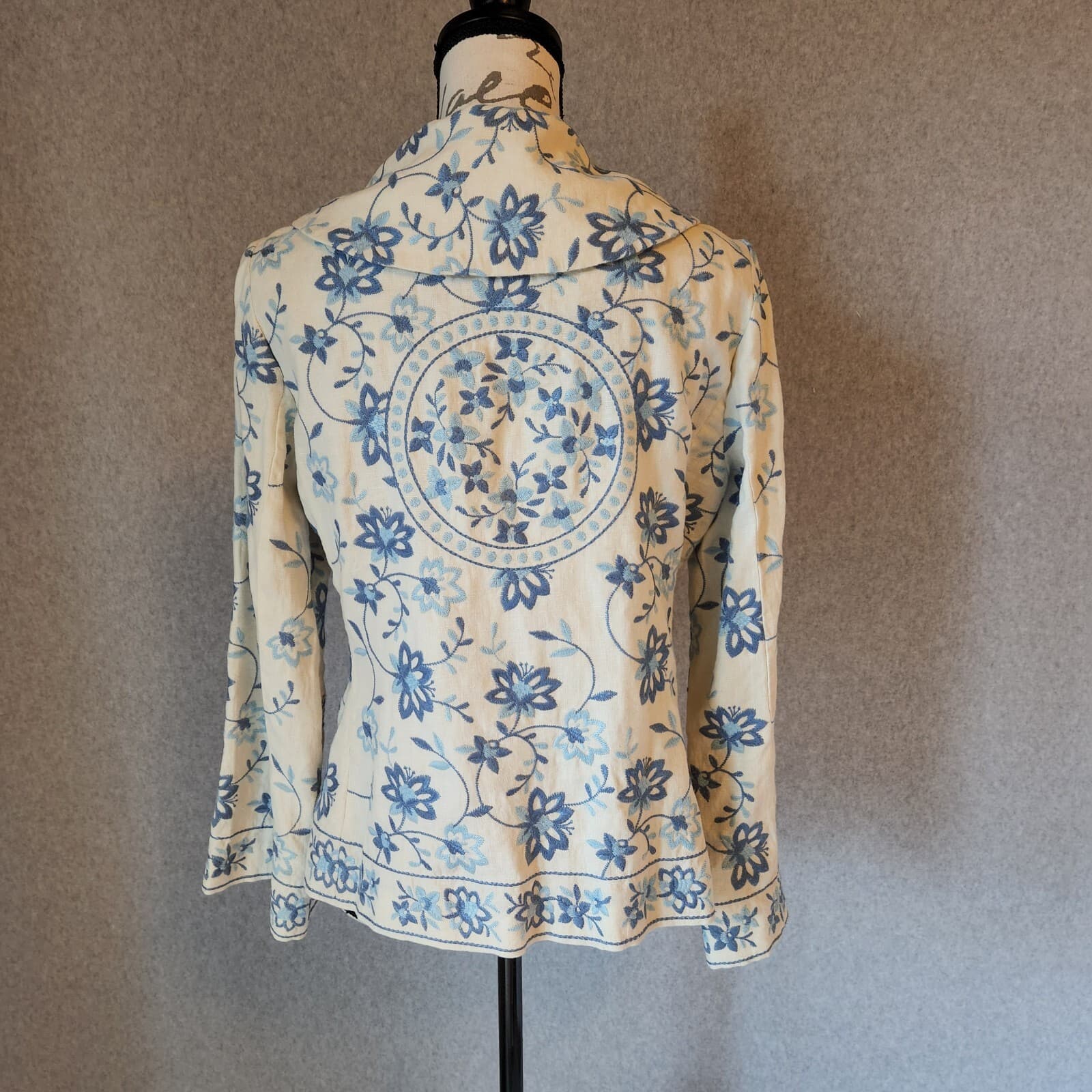 Vintage J.Jill Floral Embroidered 100% Linen 1-Button Blazer Blue-Ivory Women S - Thumbnail 5
