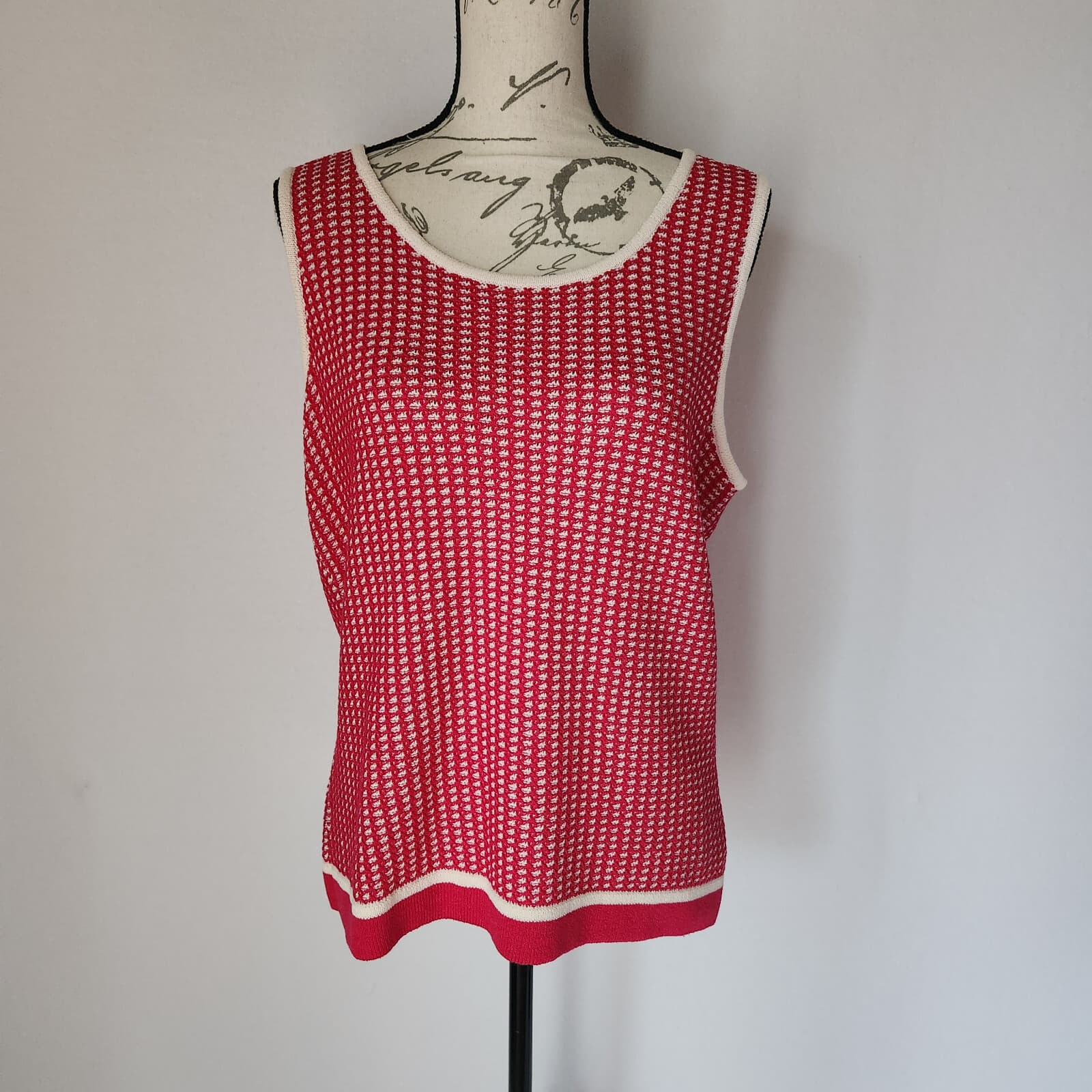ST. JOHN Wool Blend Waffle Knit Tank-Top Scoop Neck Pink White Women's L - Thumbnail 2