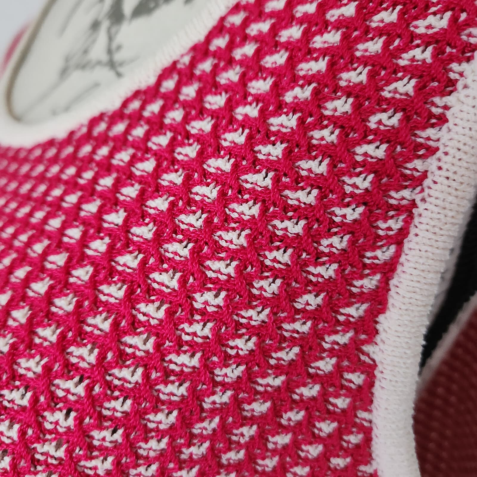 ST. JOHN Wool Blend Waffle Knit Tank-Top Scoop Neck Pink White Women's L - Thumbnail 4