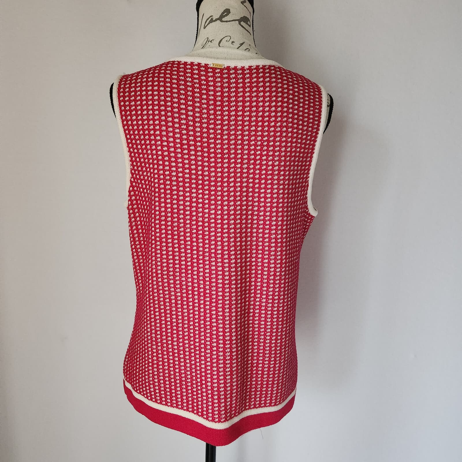 ST. JOHN Wool Blend Waffle Knit Tank-Top Scoop Neck Pink White Women's L - Thumbnail 5