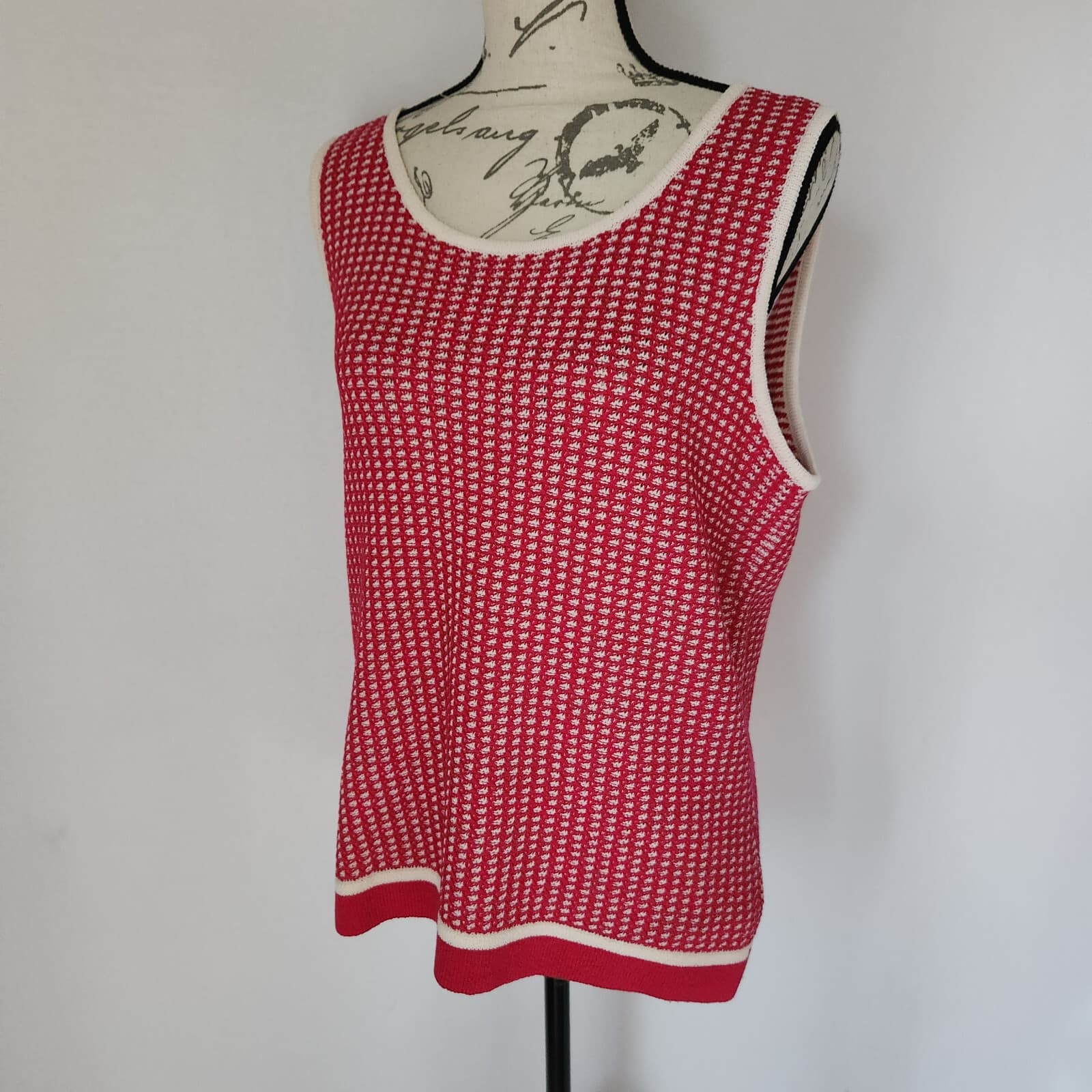 ST. JOHN Wool Blend Waffle Knit Tank-Top Scoop Neck Pink White Women's L - Thumbnail 3