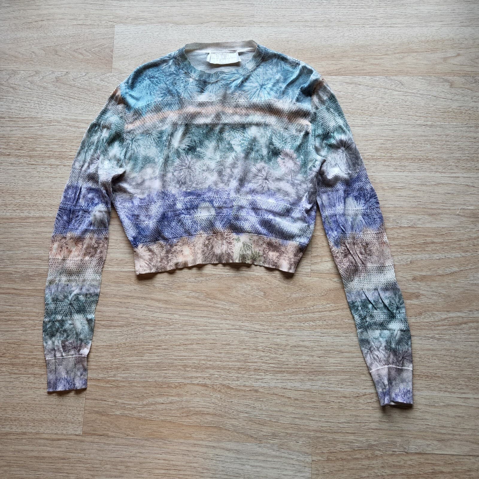 PETER PILOTTO Crop T-Shirt Long Sleeve Crew Neck Blue-Green Sz.S Made in Belgium - Thumbnail 2