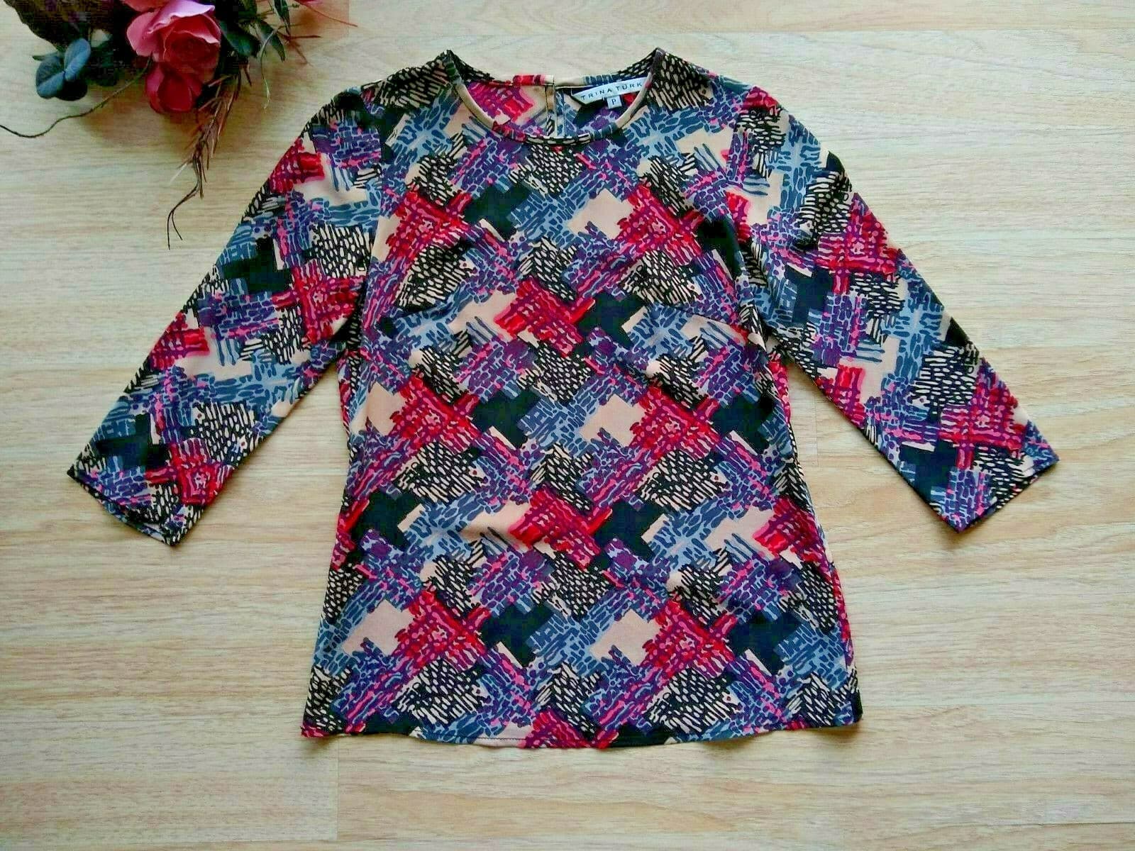 TRINA TURK 100% Silk Top Pullover 3/4 Sleeve Geo-print Multicolor Sz.P - Thumbnail 6