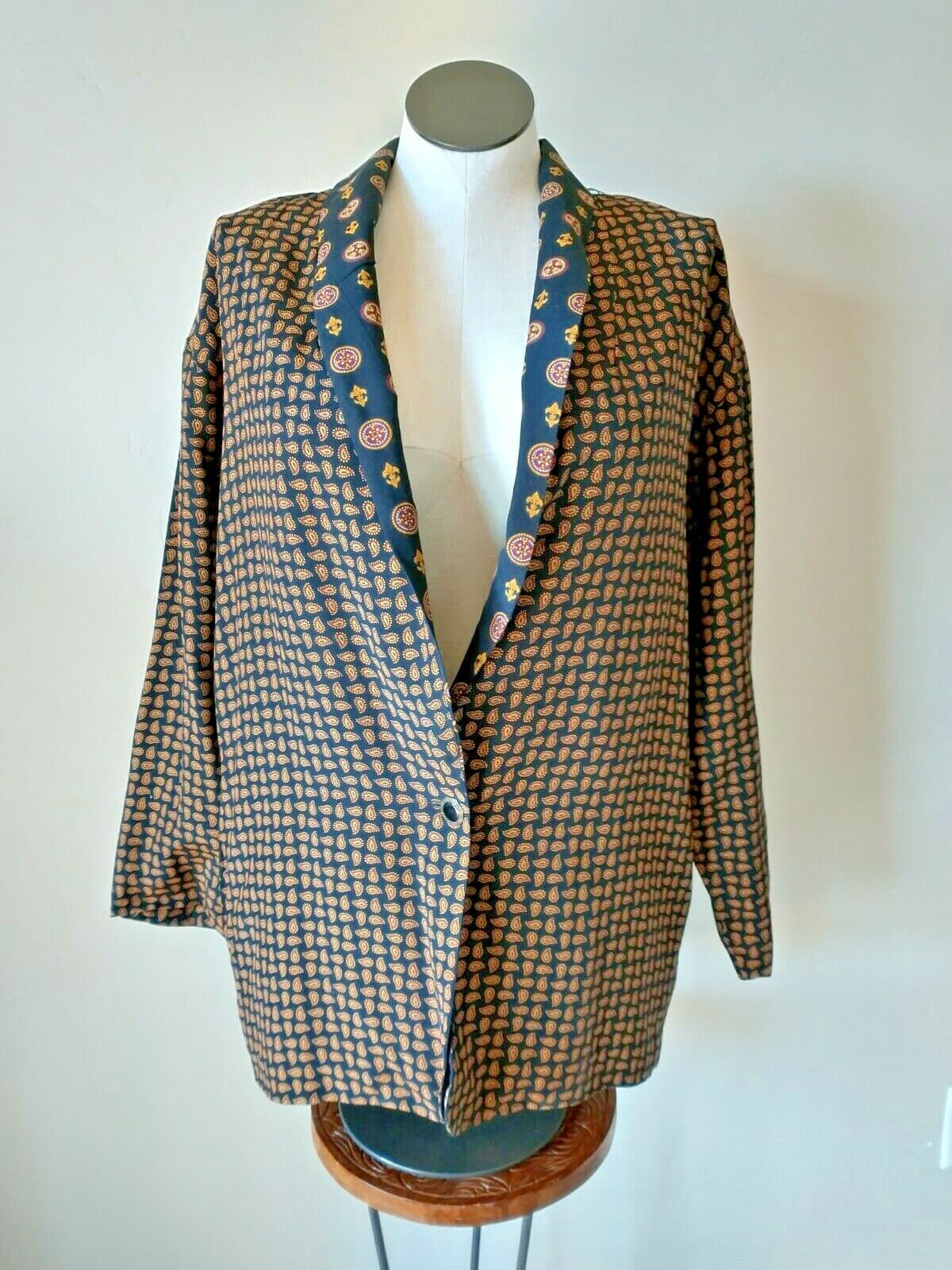 Vintage SHELLI SEGAL J.M Women's L Paisley Oversize Blazer Pocket Black Brown - Thumbnail 4