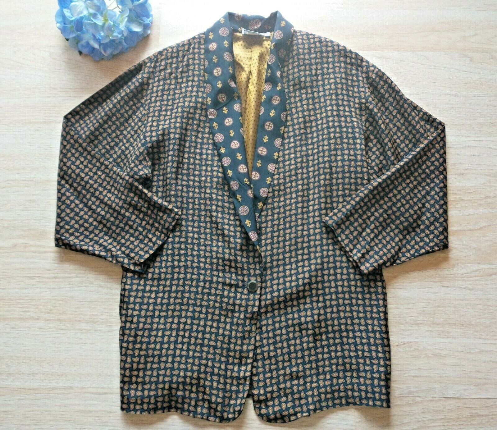 Vintage SHELLI SEGAL J.M Women's L Paisley Oversize Blazer Pocket Black Brown - Thumbnail 5