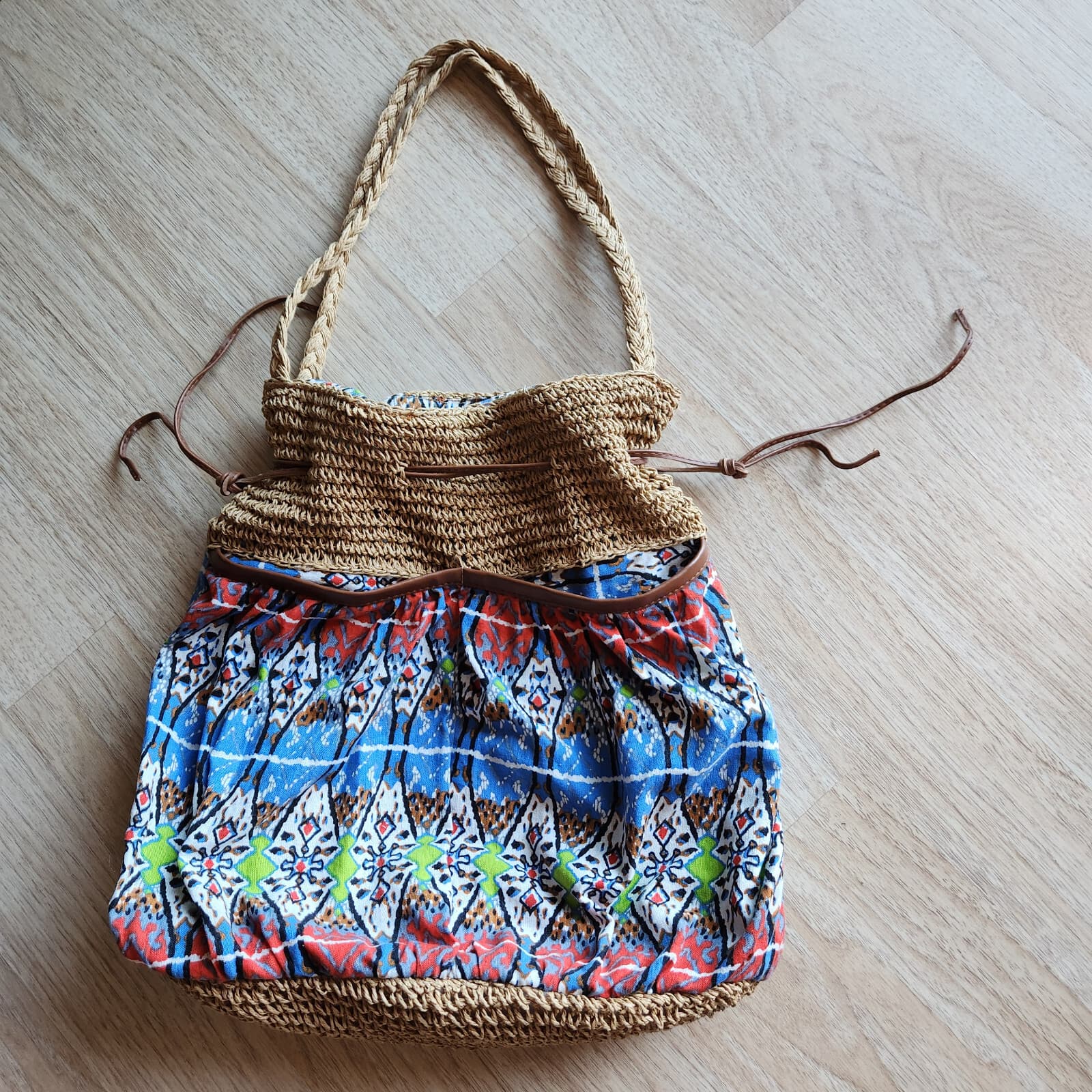 Capelli Straworld Woven Straw Cotton Fabric Boho Summer Shoulder Bag Drawstring - Thumbnail 4