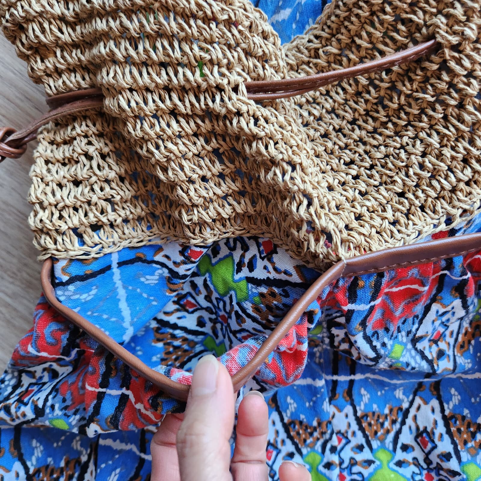 Capelli Straworld Woven Straw Cotton Fabric Boho Summer Shoulder Bag Drawstring - Thumbnail 8