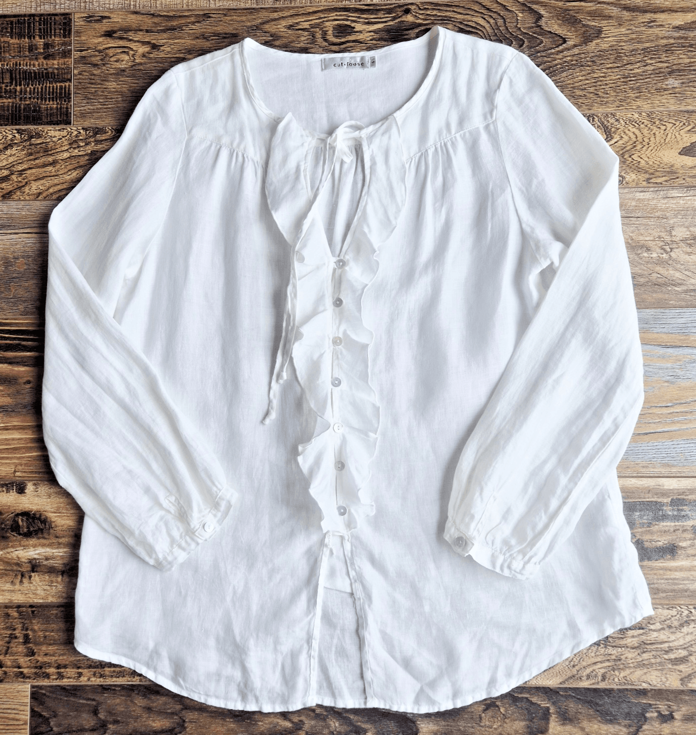 Cut Loose 100% Linen Lagenlook Ruffle Blouse Pearl Button Long Sleeve White Sz.S - Thumbnail 3
