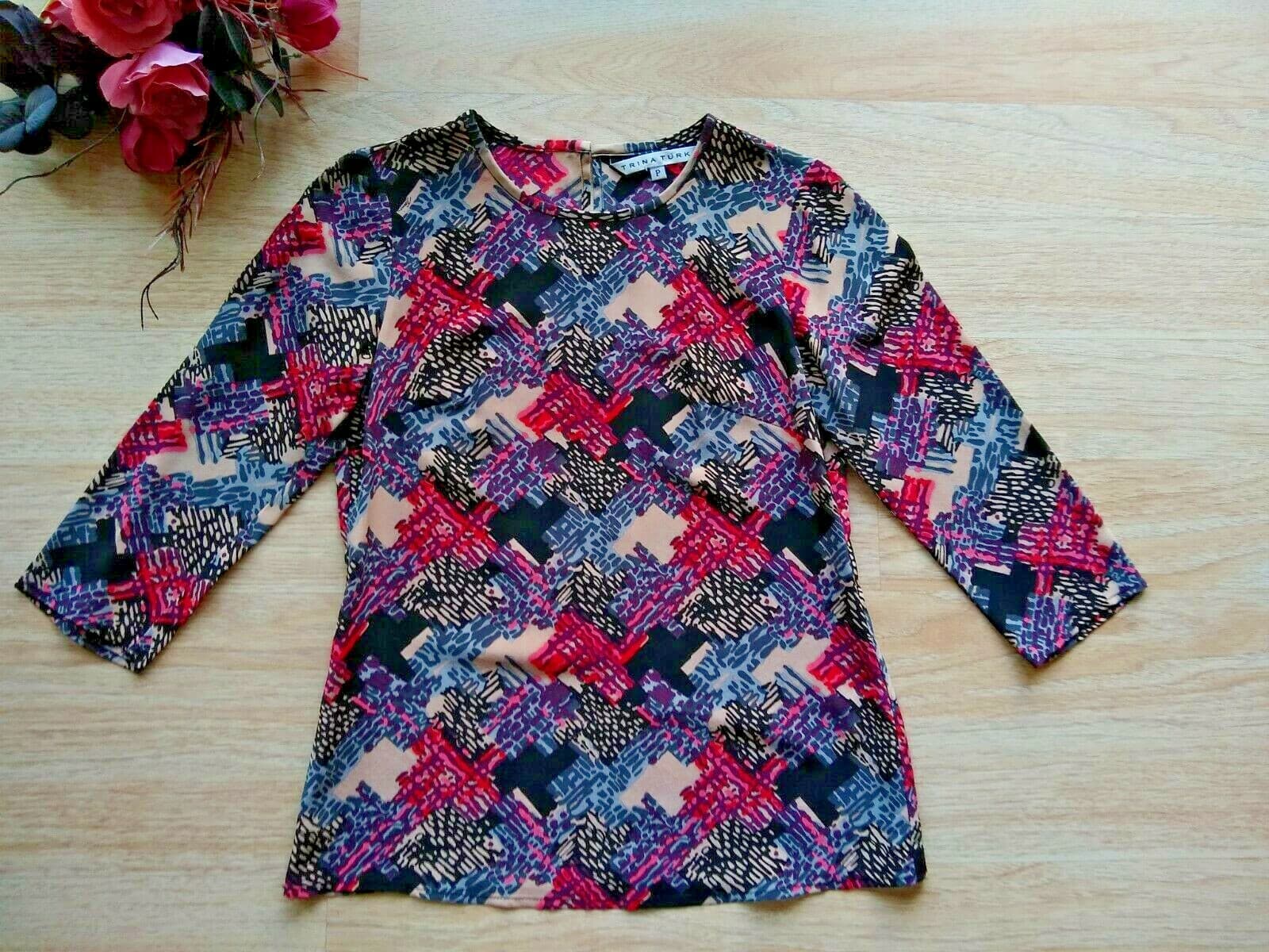 TRINA TURK 100% Silk Top Pullover 3/4 Sleeve Geo-print Multicolor Sz.P - Thumbnail 2