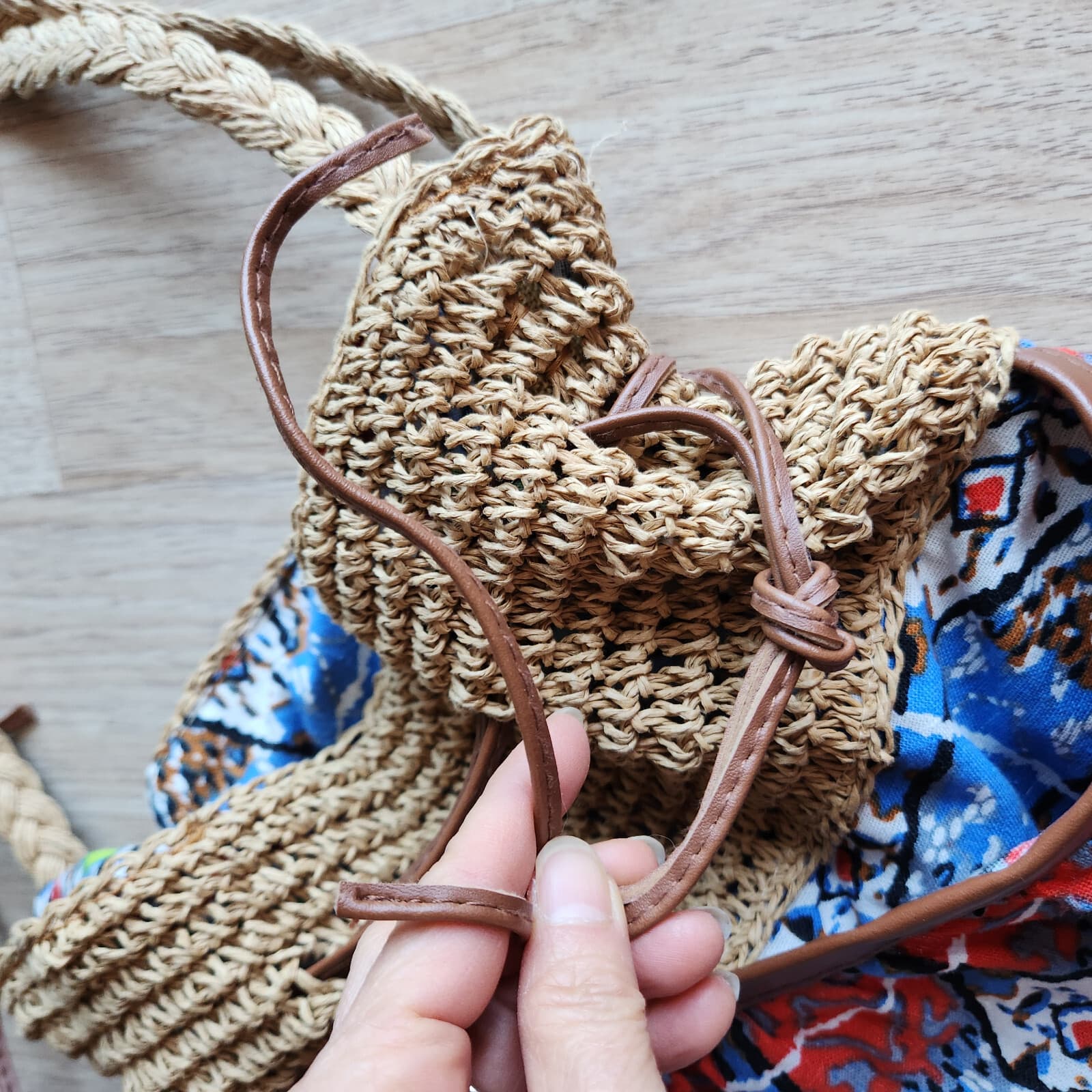 Capelli Straworld Woven Straw Cotton Fabric Boho Summer Shoulder Bag Drawstring - Thumbnail 9