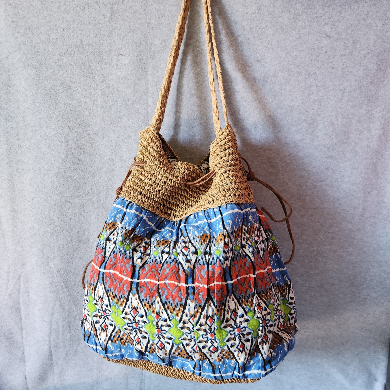 Capelli Straworld Woven Straw Cotton Fabric Boho Summer Shoulder Bag Drawstring - Thumbnail 3