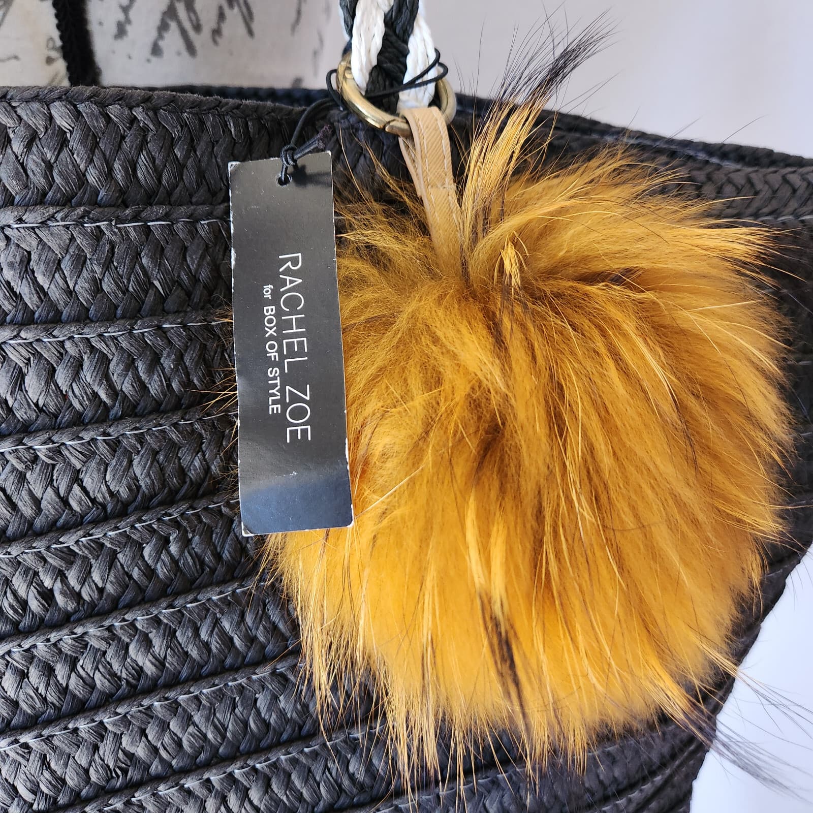 NWT Rachel Zoe x Box of Style Woven Paper Straw Big Tote x Feather Charm Black - Thumbnail 9