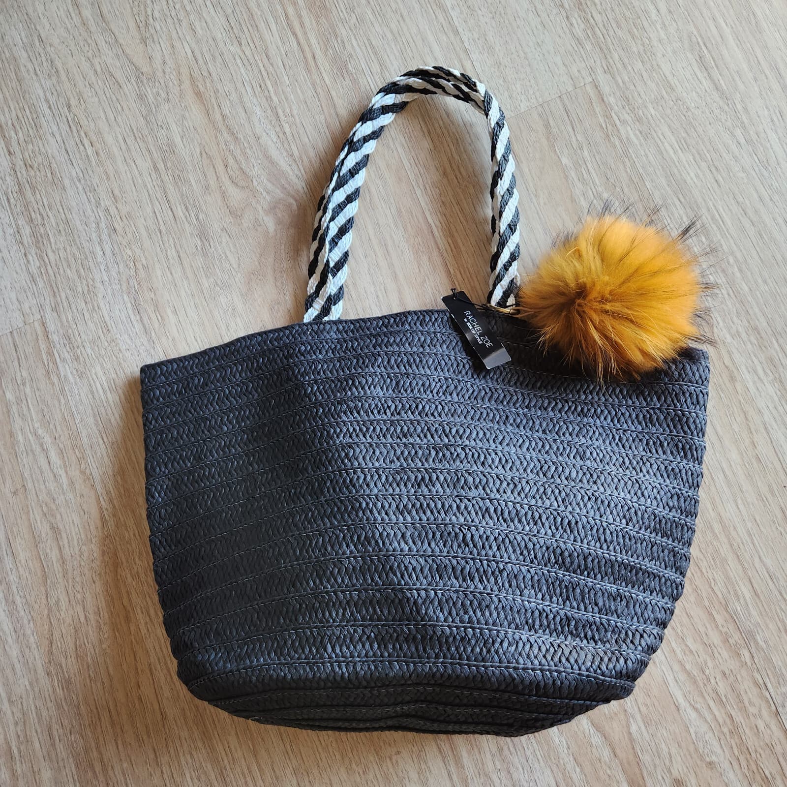 NWT Rachel Zoe x Box of Style Woven Paper Straw Big Tote x Feather Charm Black - Thumbnail 3