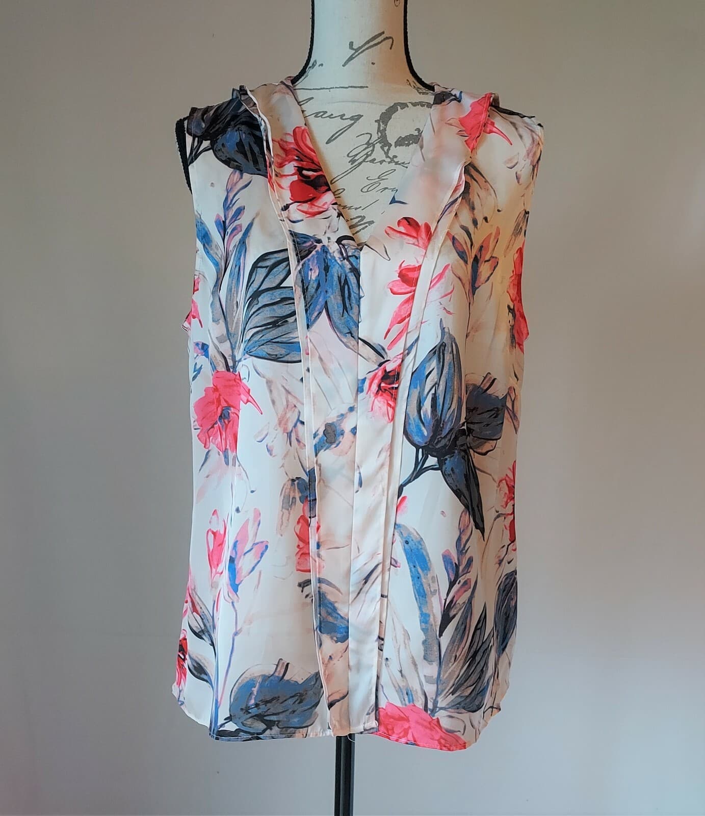 Donna Karen New York Satin Ruffle Floral Top Sleeveless V-Neck Pink Sz.L - Thumbnail 2