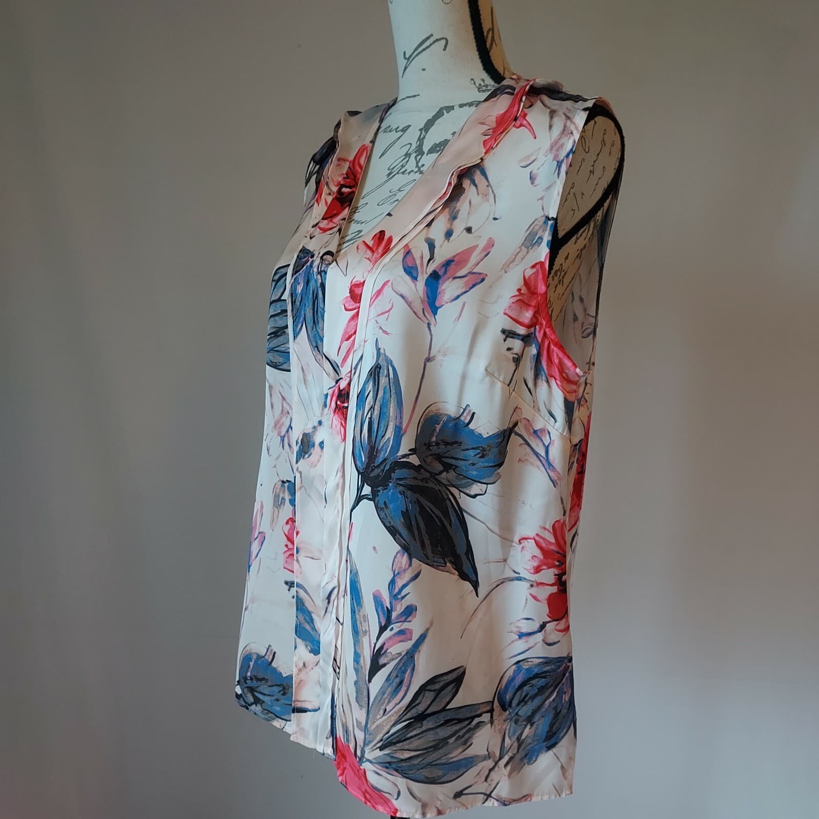 Donna Karen New York Satin Ruffle Floral Top Sleeveless V-Neck Pink Sz.L - Thumbnail 4