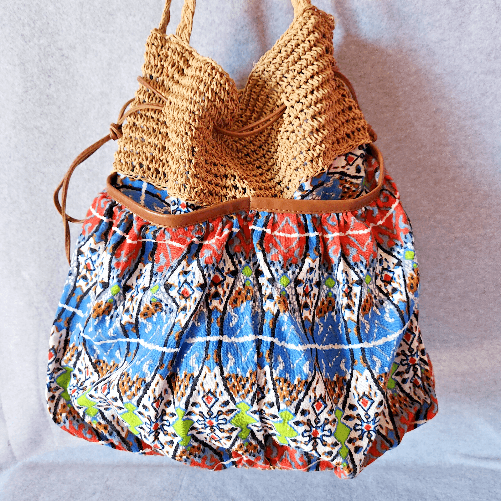 Capelli Straworld Woven Straw Cotton Fabric Boho Summer Shoulder Bag Drawstring - Thumbnail 2