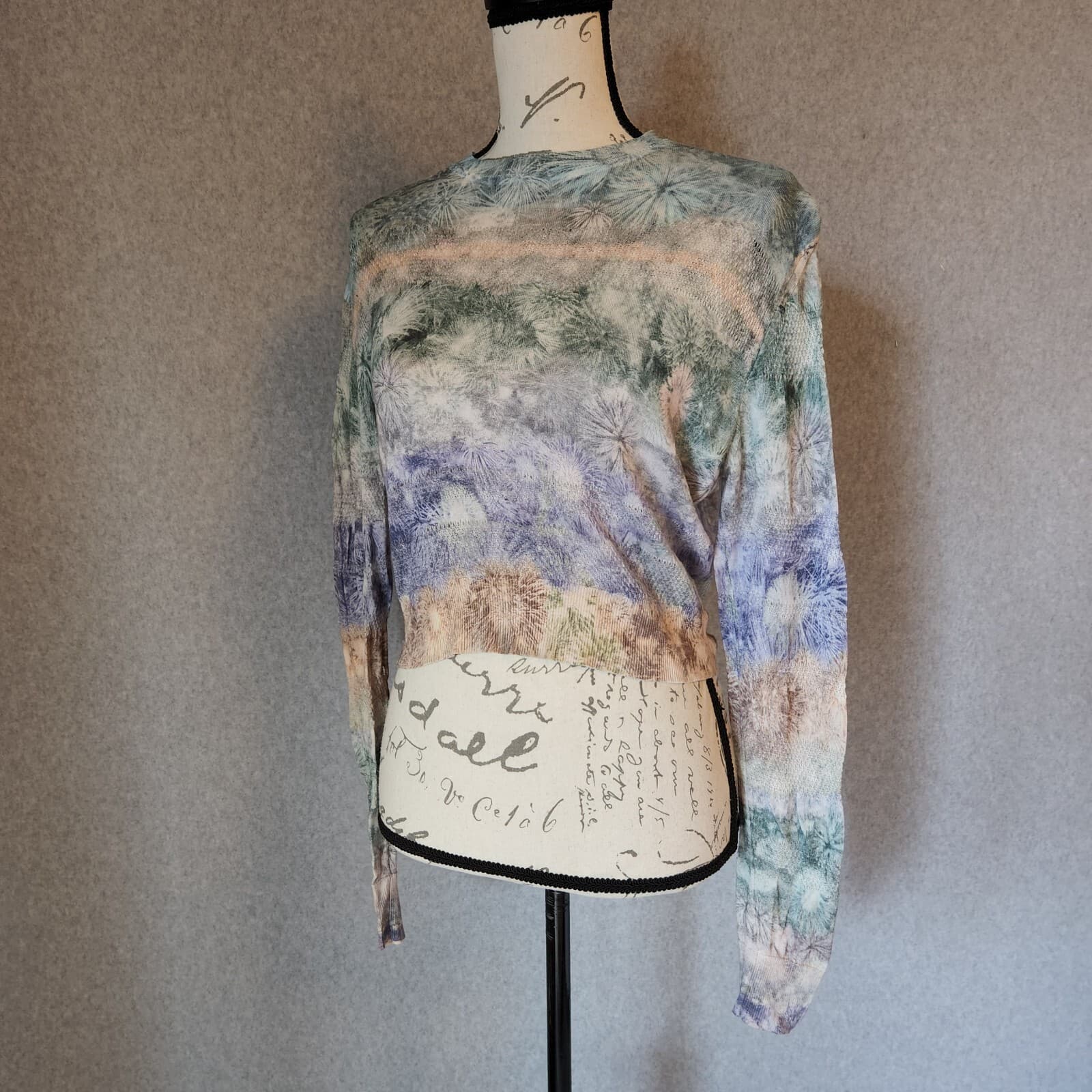 PETER PILOTTO Crop T-Shirt Long Sleeve Crew Neck Blue-Green Sz.S Made in Belgium - Thumbnail 4
