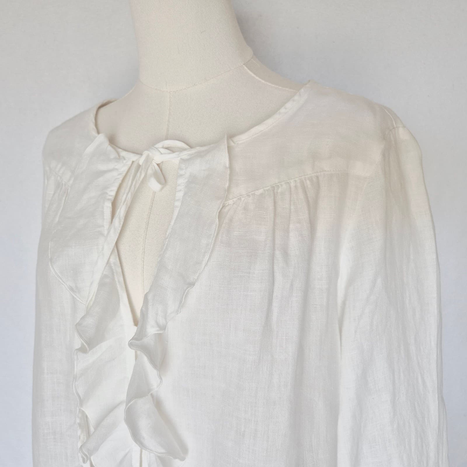 Cut Loose 100% Linen Lagenlook Ruffle Blouse Pearl Button Long Sleeve White Sz.S - Thumbnail 5