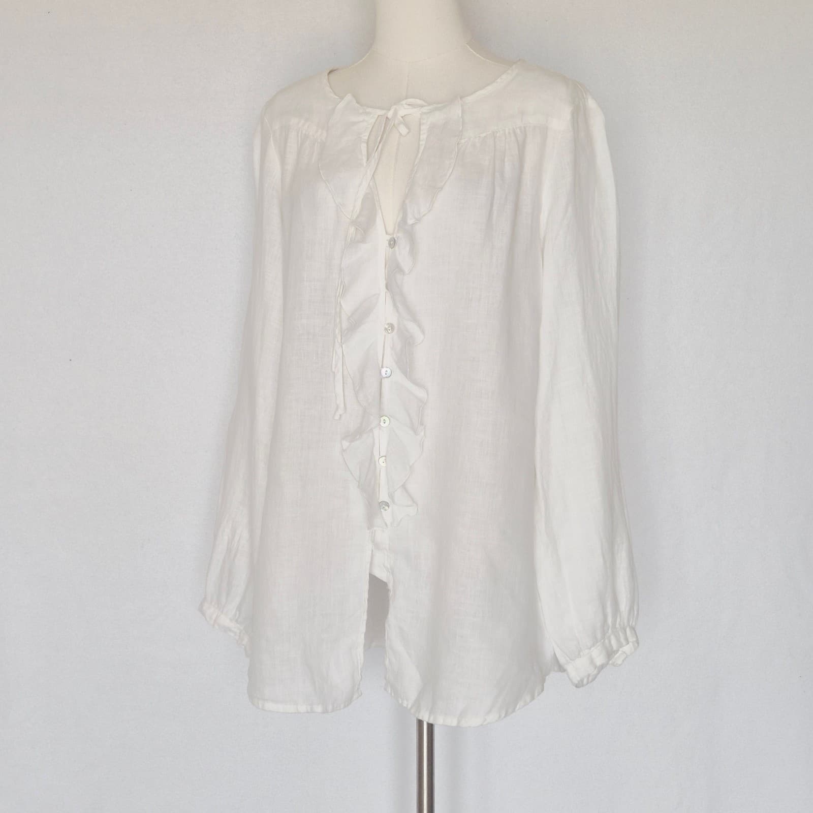 Cut Loose 100% Linen Lagenlook Ruffle Blouse Pearl Button Long Sleeve White Sz.S - Thumbnail 2