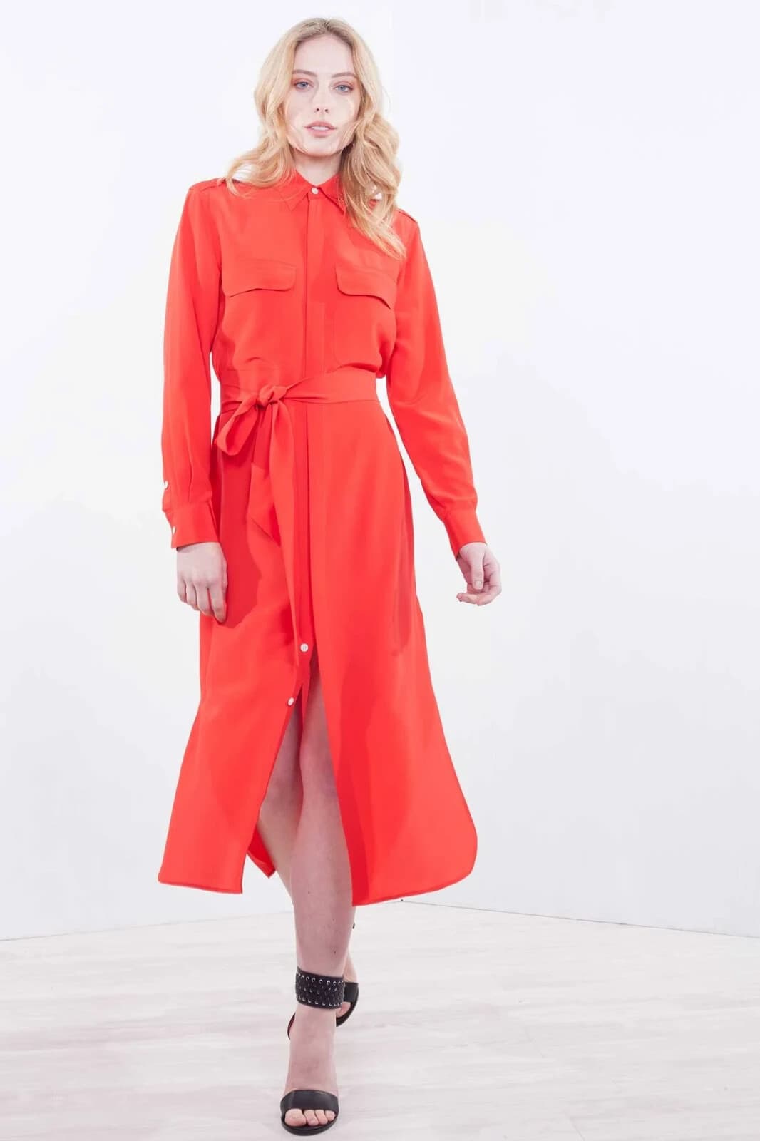 NWT Polo Ralph Lauren 100% Silk Belted Shirt Dress Long Sleeve Pocket Red Sz.6 - Thumbnail 4